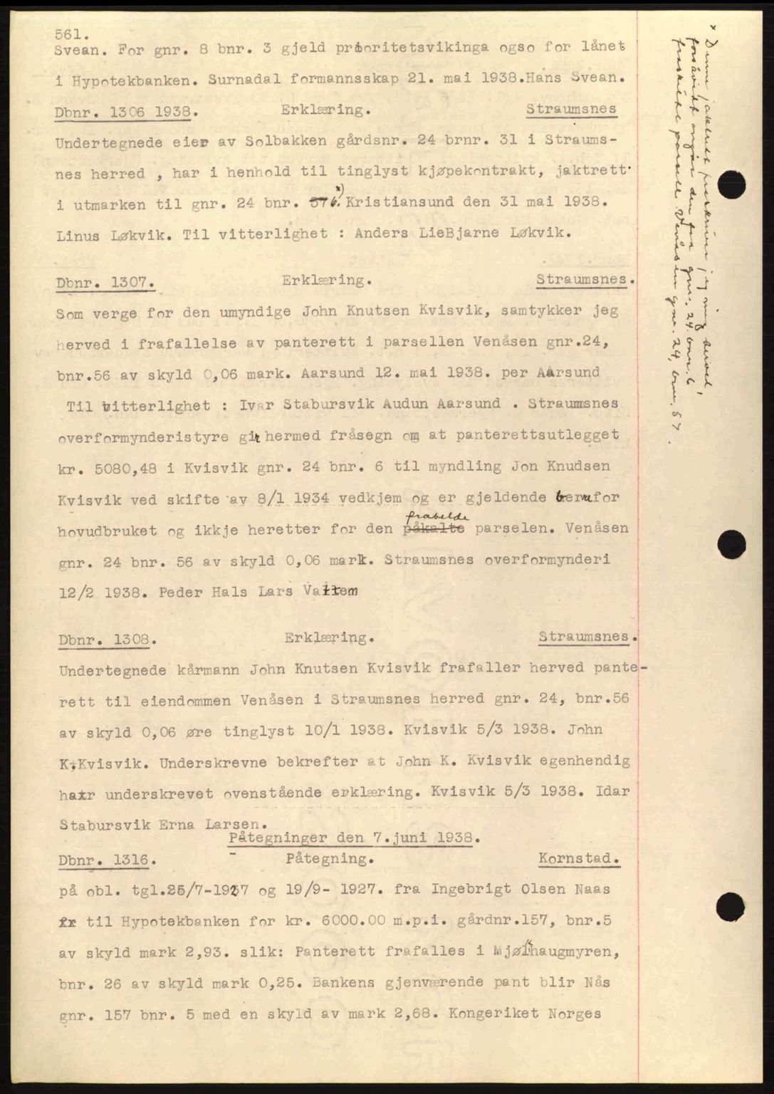 Nordmøre sorenskriveri, AV/SAT-A-4132/1/2/2Ca: Mortgage book no. C80, 1936-1939, Diary no: : 1306/1938