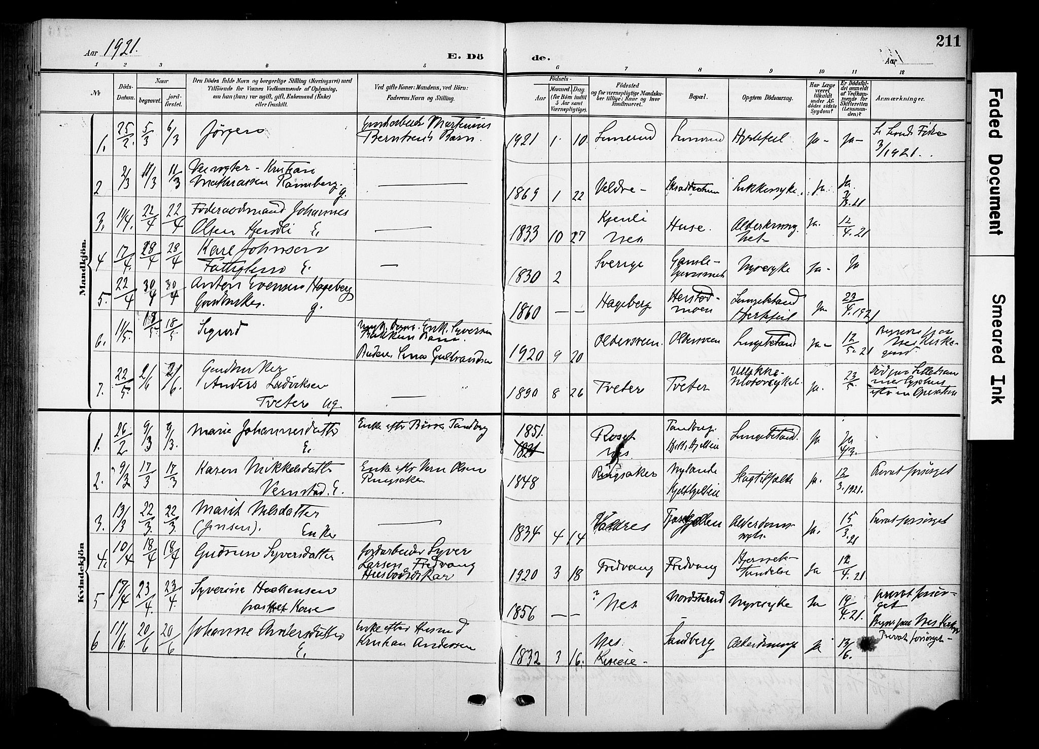 Nes prestekontor, Hedmark, SAH/PREST-020/K/Ka/L0013: Parish register (official) no. 13, 1906-1924, p. 211