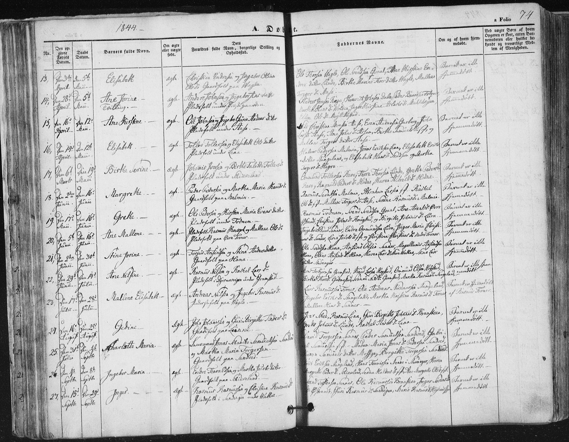 Høyland sokneprestkontor, SAST/A-101799/001/30BA/L0008: Parish register (official) no. A 8, 1841-1856, p. 74