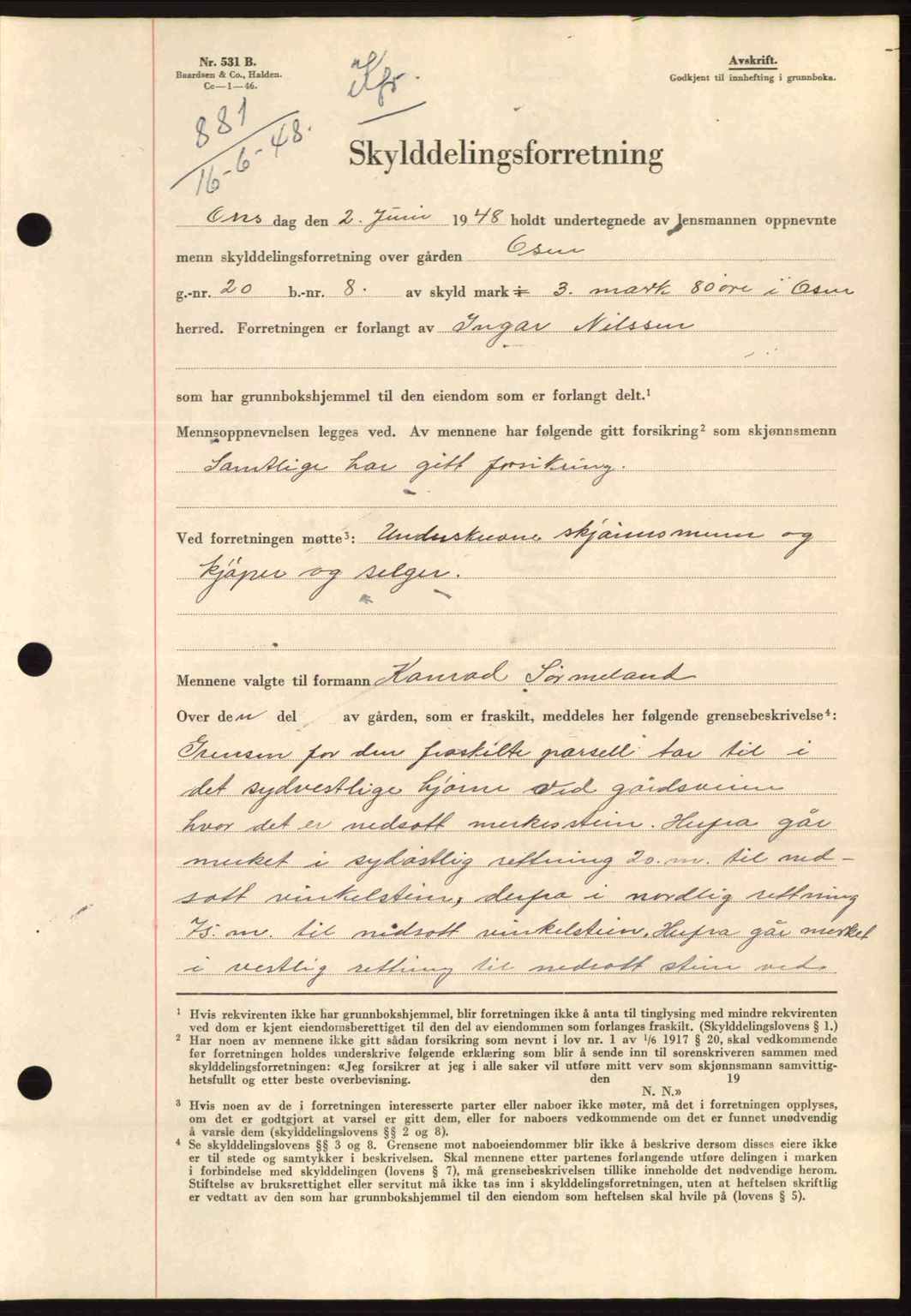 Fosen sorenskriveri, AV/SAT-A-1107/1/2/2C: Mortgage book no. A8, 1948-1948, Diary no: : 881/1948