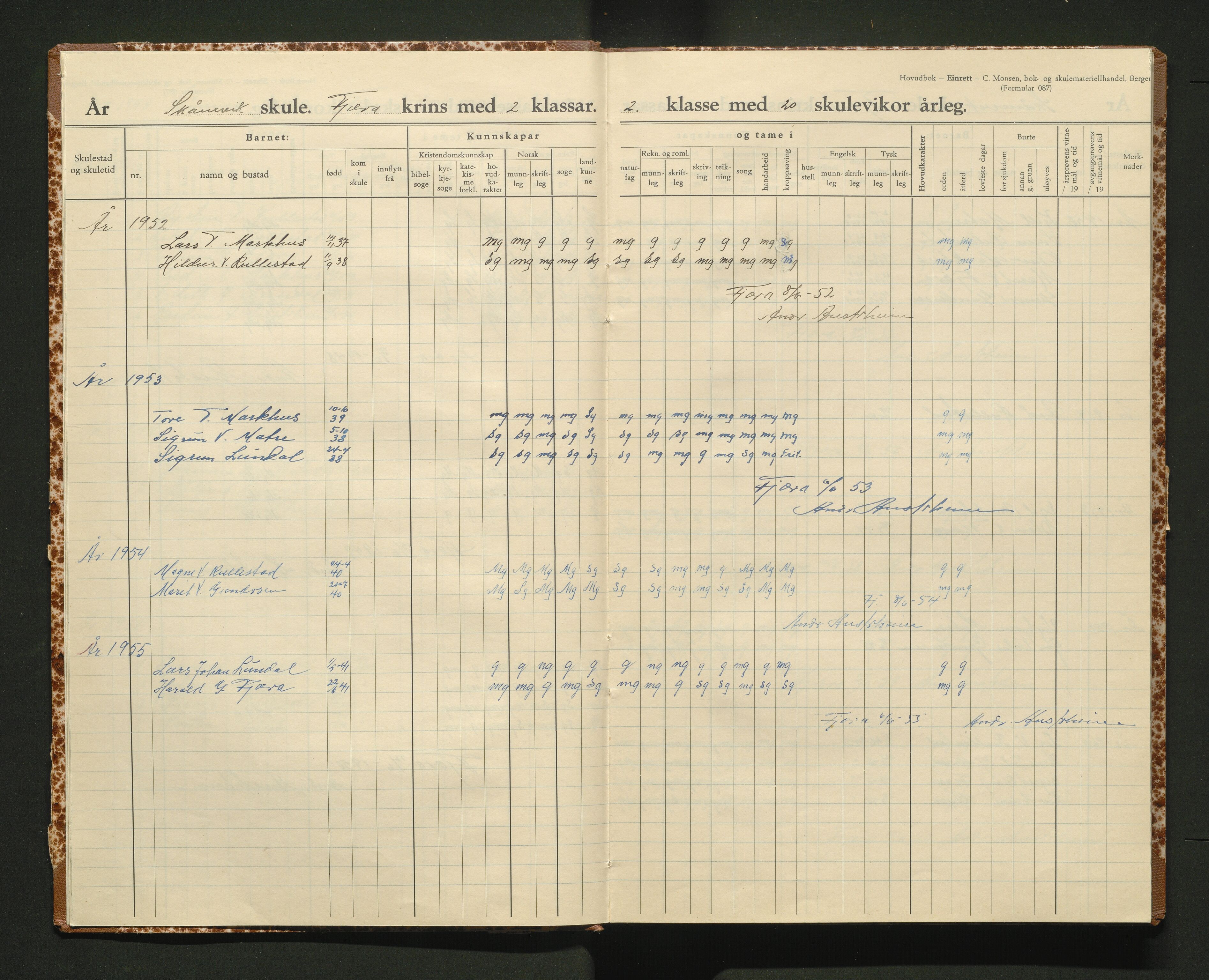 Etne kommune. Barneskulane, IKAH/1211-231/F/Fg/L0001: Skuleprotokoll for Fjæra skulekrins , 1948-1966