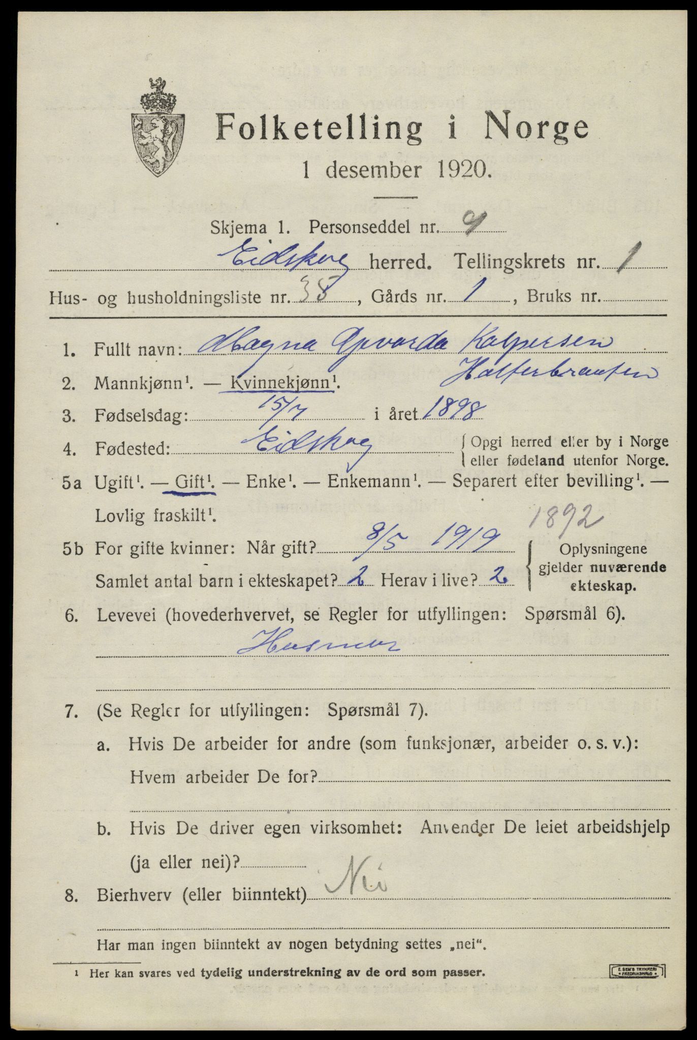 SAH, 1920 census for Eidskog, 1920, p. 2797