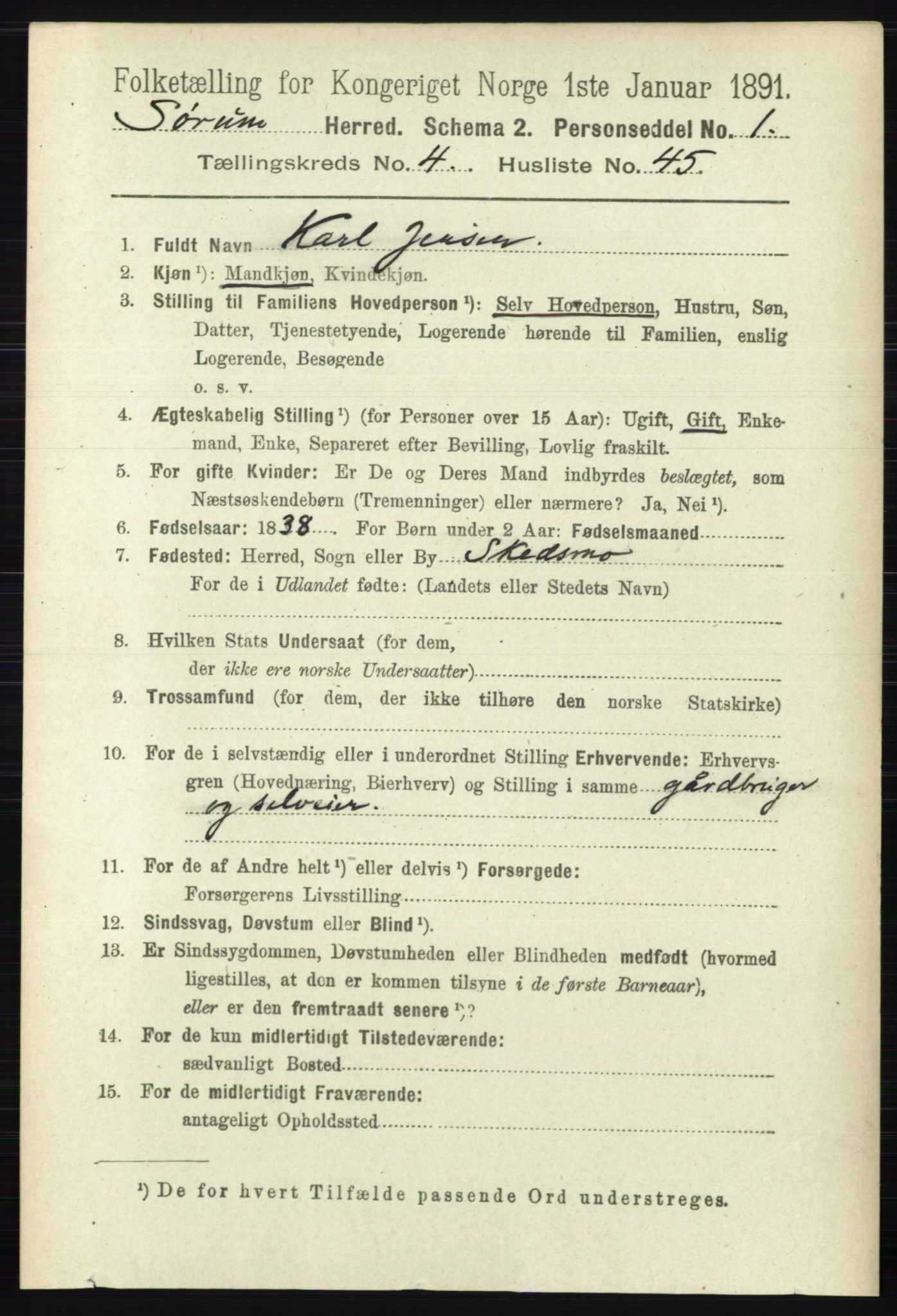 RA, 1891 census for 0226 Sørum, 1891, p. 2136