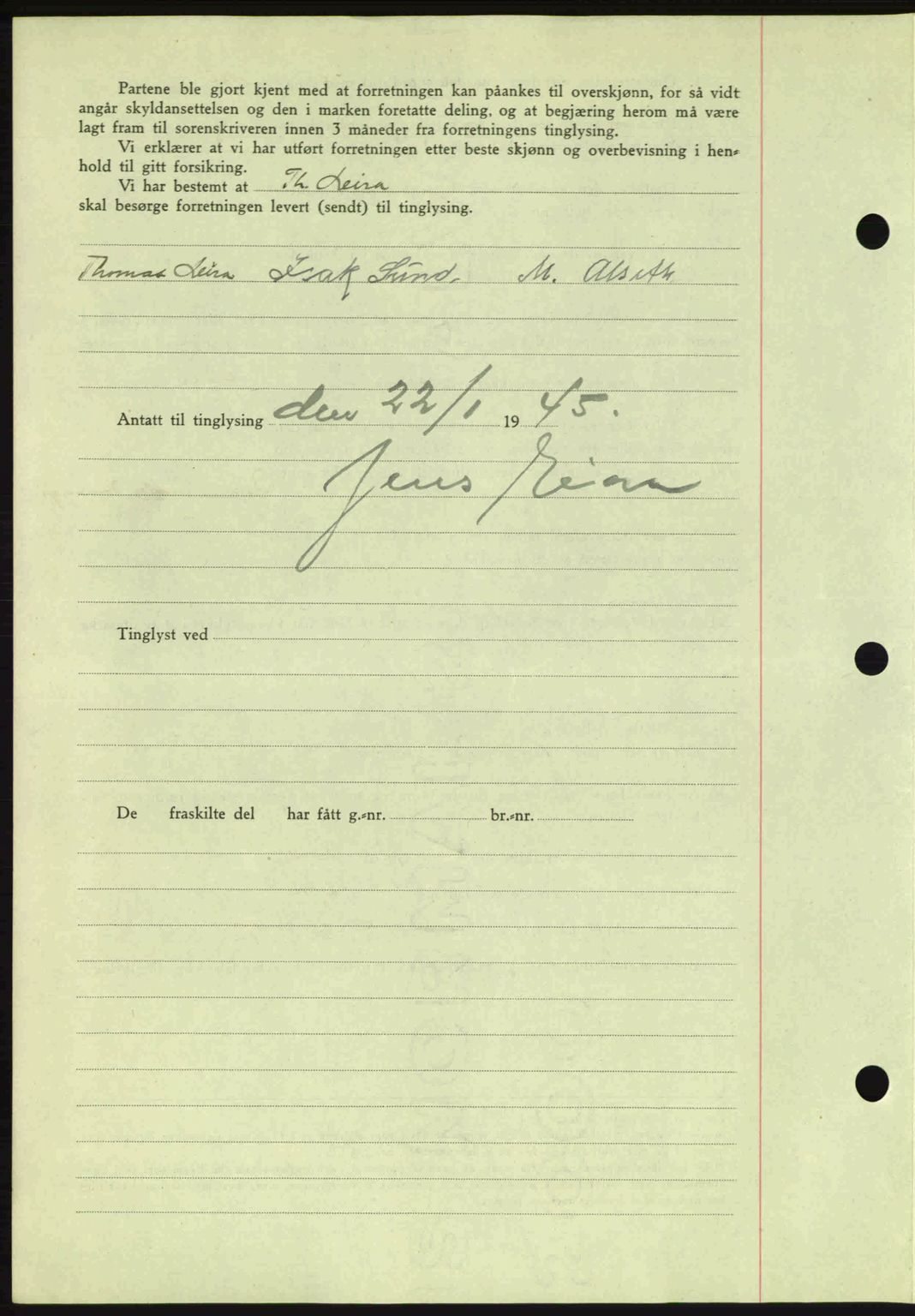 Fosen sorenskriveri, AV/SAT-A-1107/1/2/2C: Mortgage book no. A3, 1943-1945, Diary no: : 87/1945