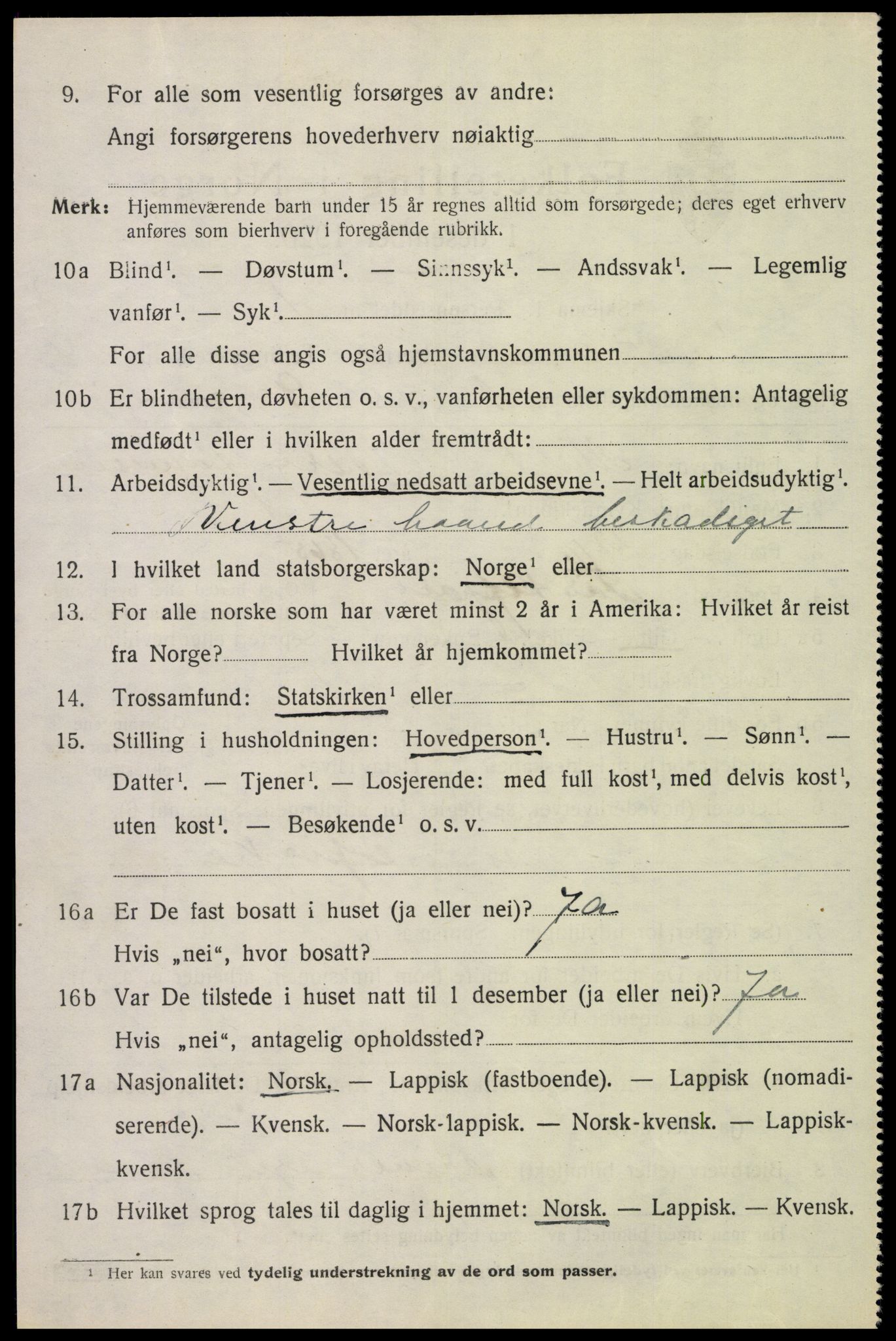 SAT, 1920 census for Sortland, 1920, p. 10869