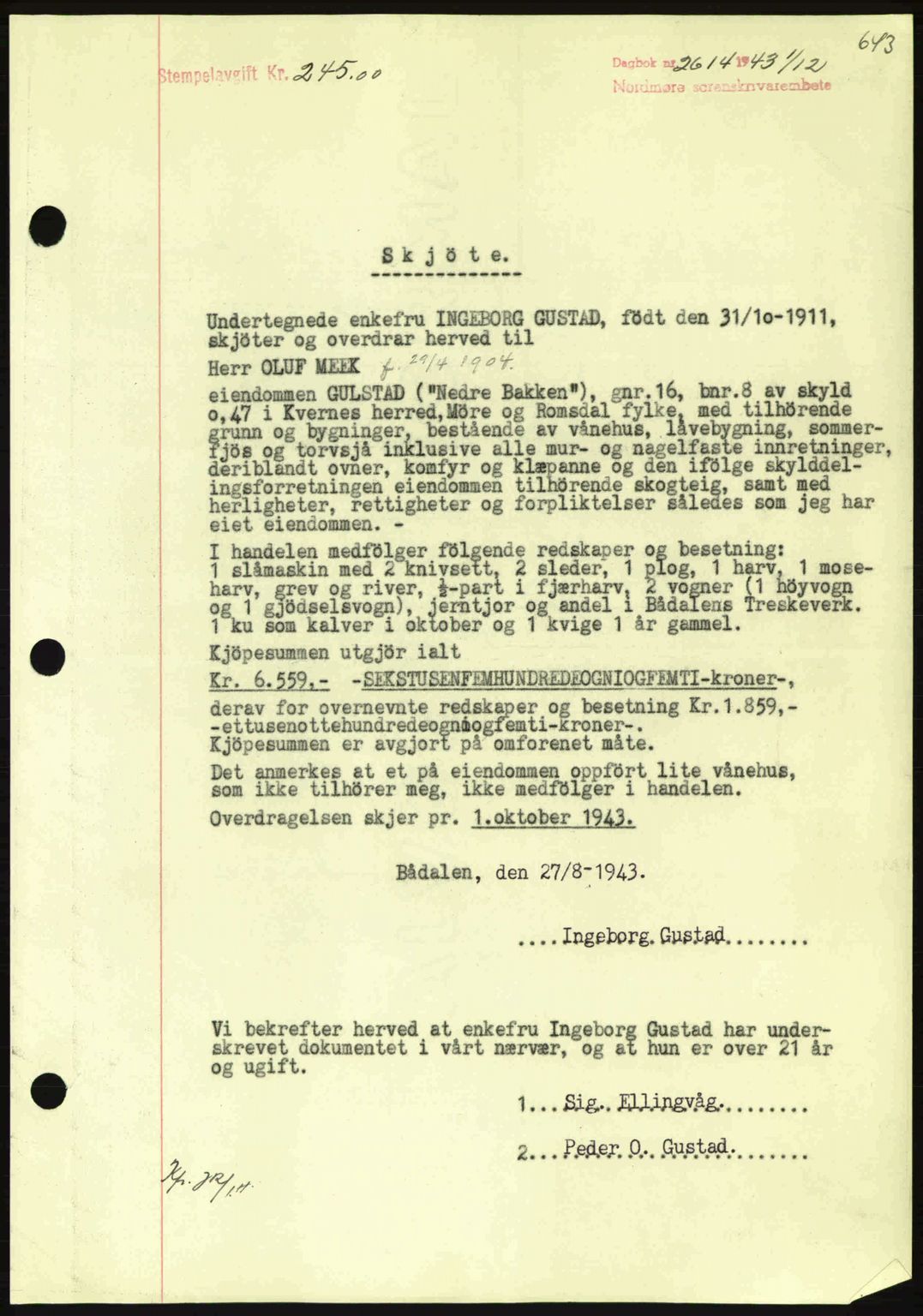 Nordmøre sorenskriveri, SAT/A-4132/1/2/2Ca: Mortgage book no. A96, 1943-1944, Diary no: : 2614/1943