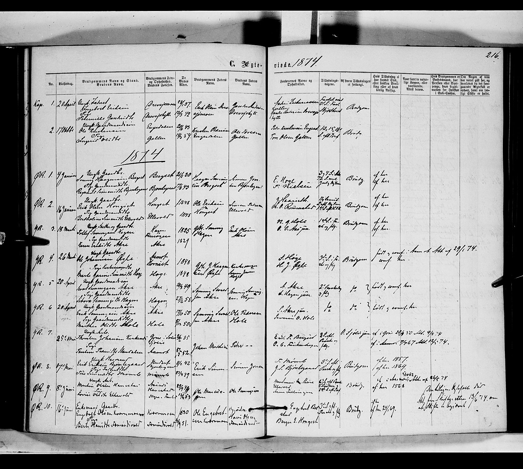 Rendalen prestekontor, SAH/PREST-054/H/Ha/Haa/L0006: Parish register (official) no. 6, 1867-1877, p. 216