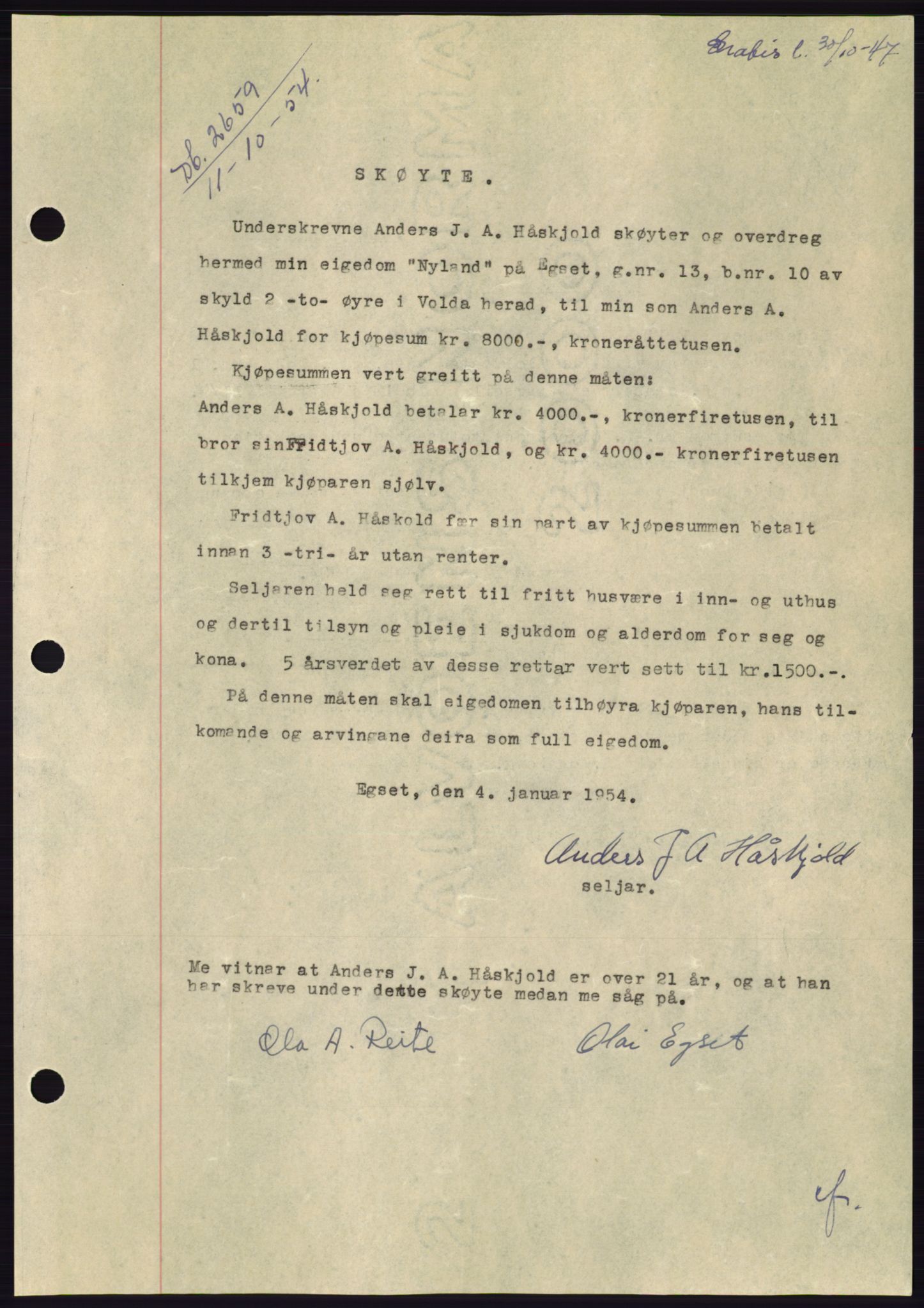 Søre Sunnmøre sorenskriveri, AV/SAT-A-4122/1/2/2C/L0099: Mortgage book no. 25A, 1954-1954, Diary no: : 2659/1954