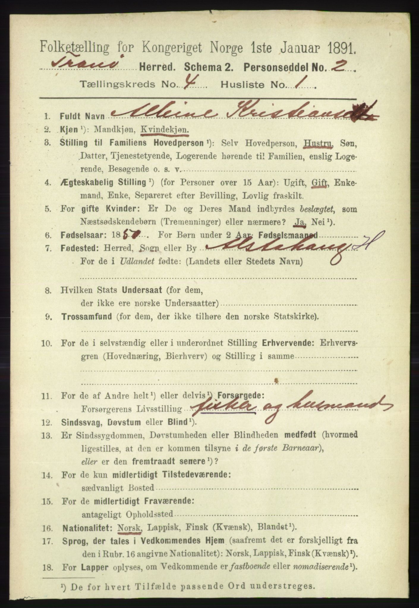 RA, 1891 census for 1927 Tranøy, 1891, p. 1436