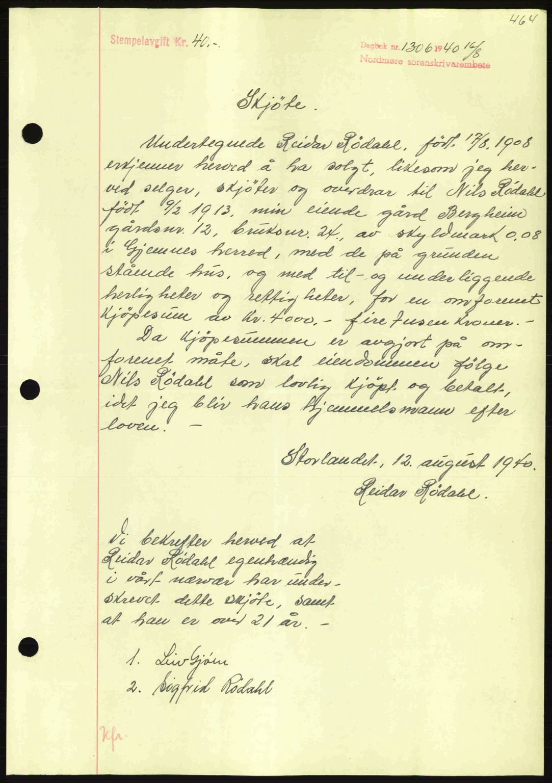 Nordmøre sorenskriveri, AV/SAT-A-4132/1/2/2Ca: Mortgage book no. A88, 1940-1940, Diary no: : 1306/1940