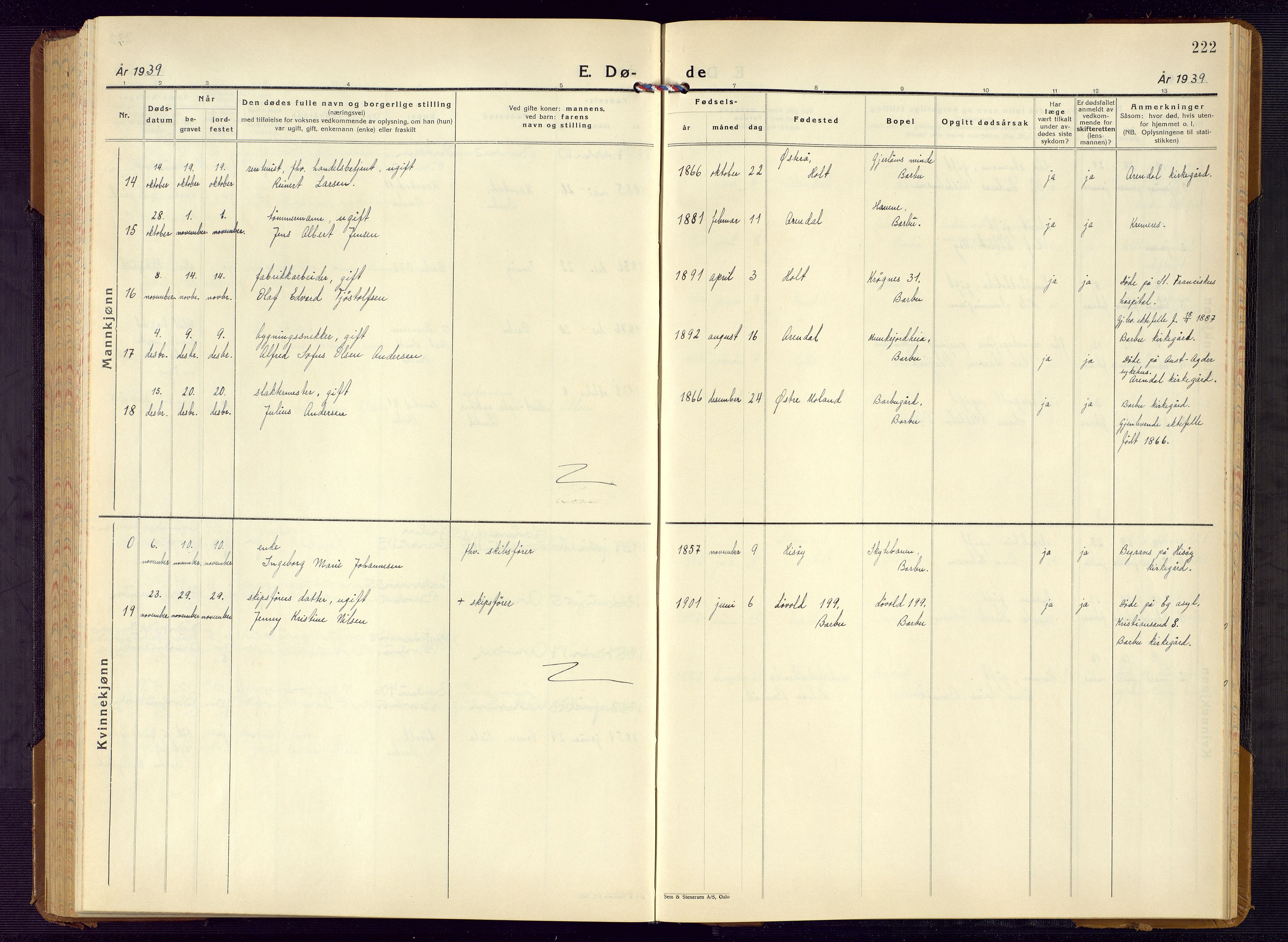 Barbu sokneprestkontor, AV/SAK-1111-0003/F/Fb/L0006: Parish register (copy) no. B 6, 1937-1947, p. 222