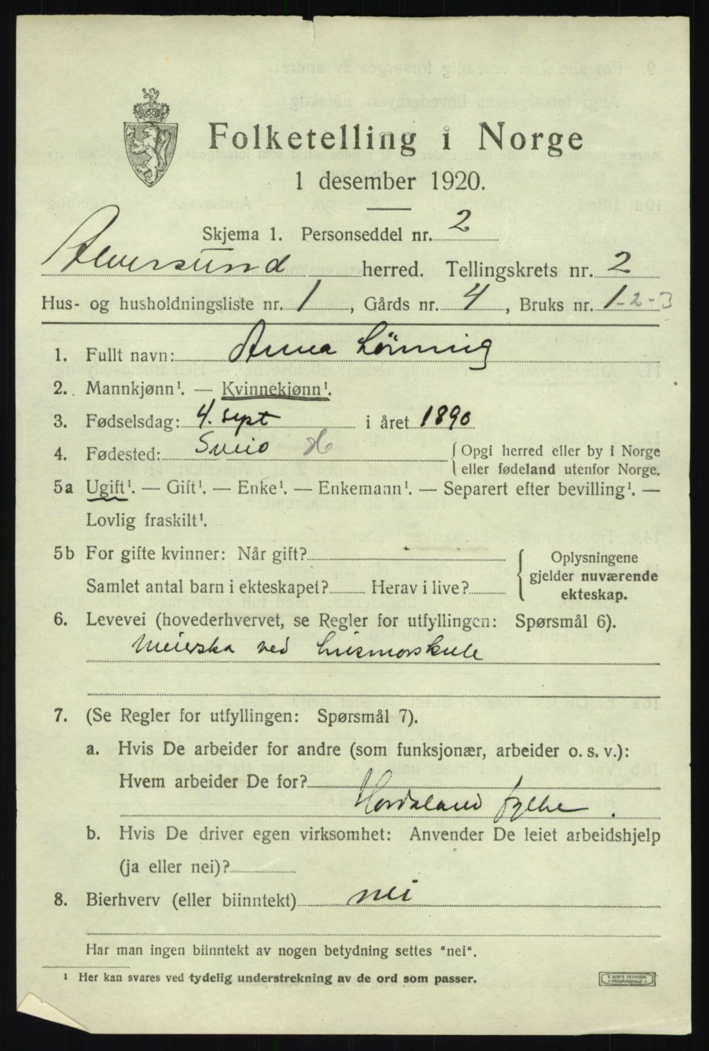 SAB, 1920 census for Alversund, 1920, p. 1552