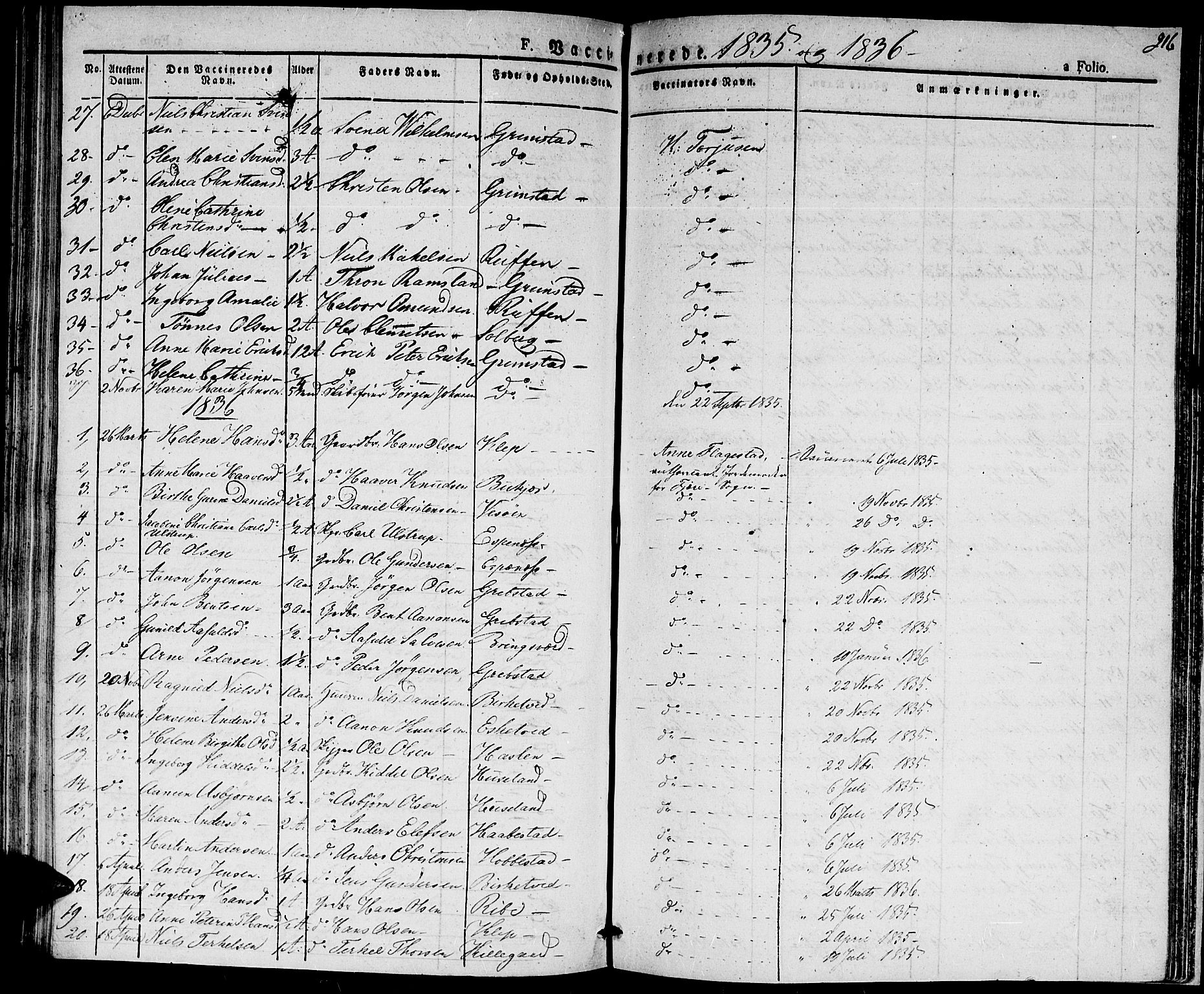 Fjære sokneprestkontor, AV/SAK-1111-0011/F/Fa/L0002: Parish register (official) no. A 2, 1827-1839, p. 216