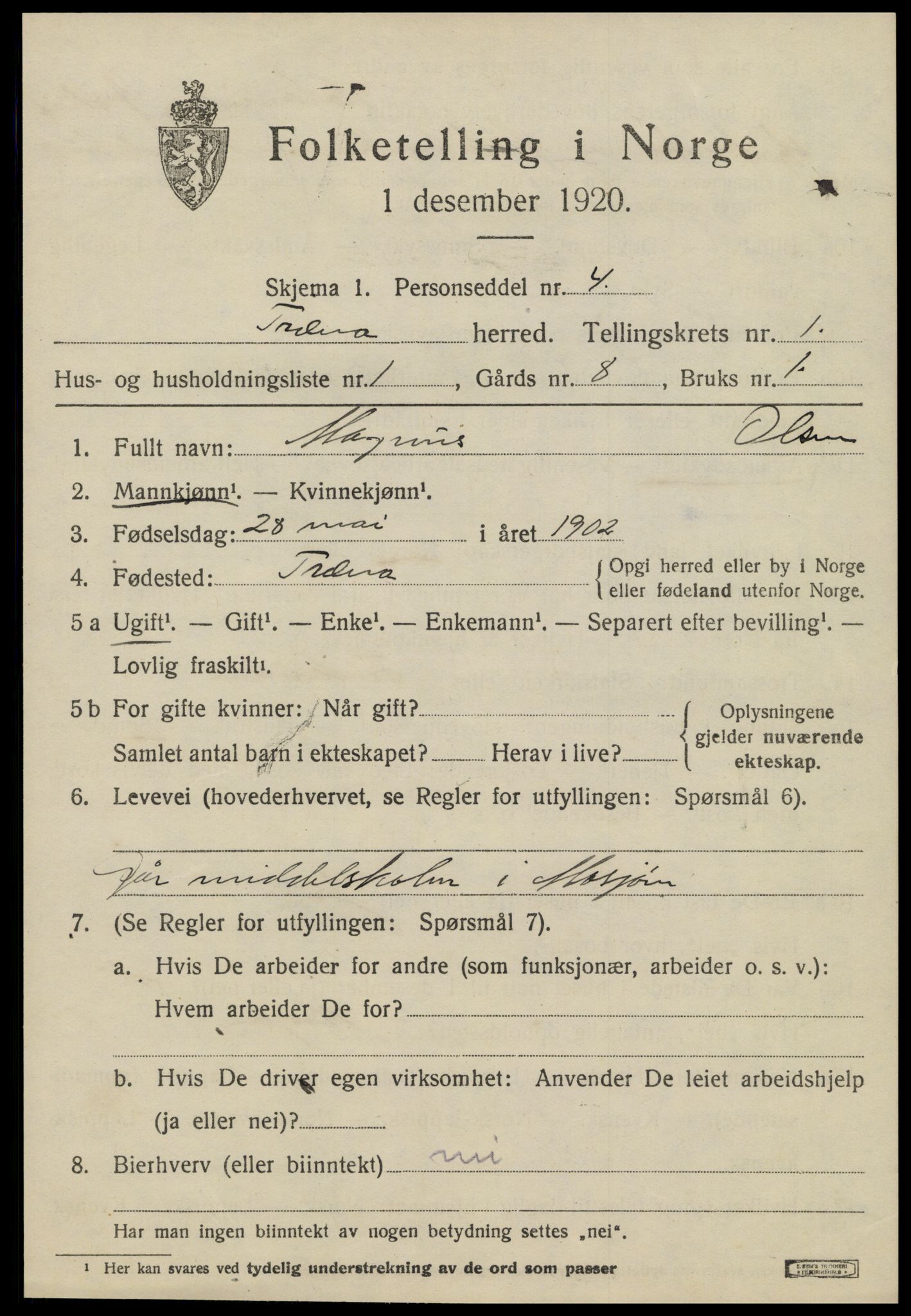 SAT, 1920 census for Træna, 1920, p. 262