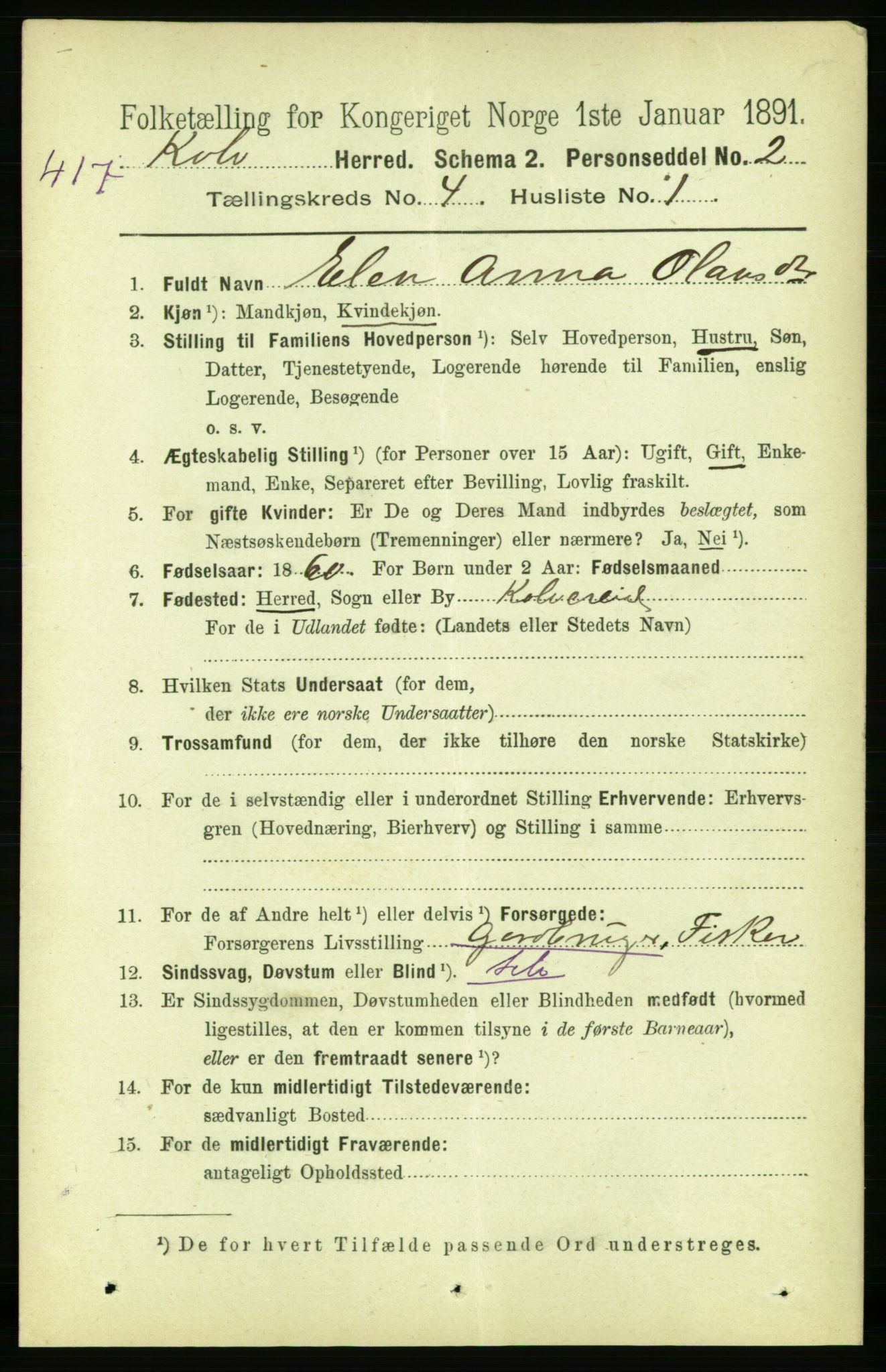 RA, 1891 census for 1752 Kolvereid, 1891, p. 1484