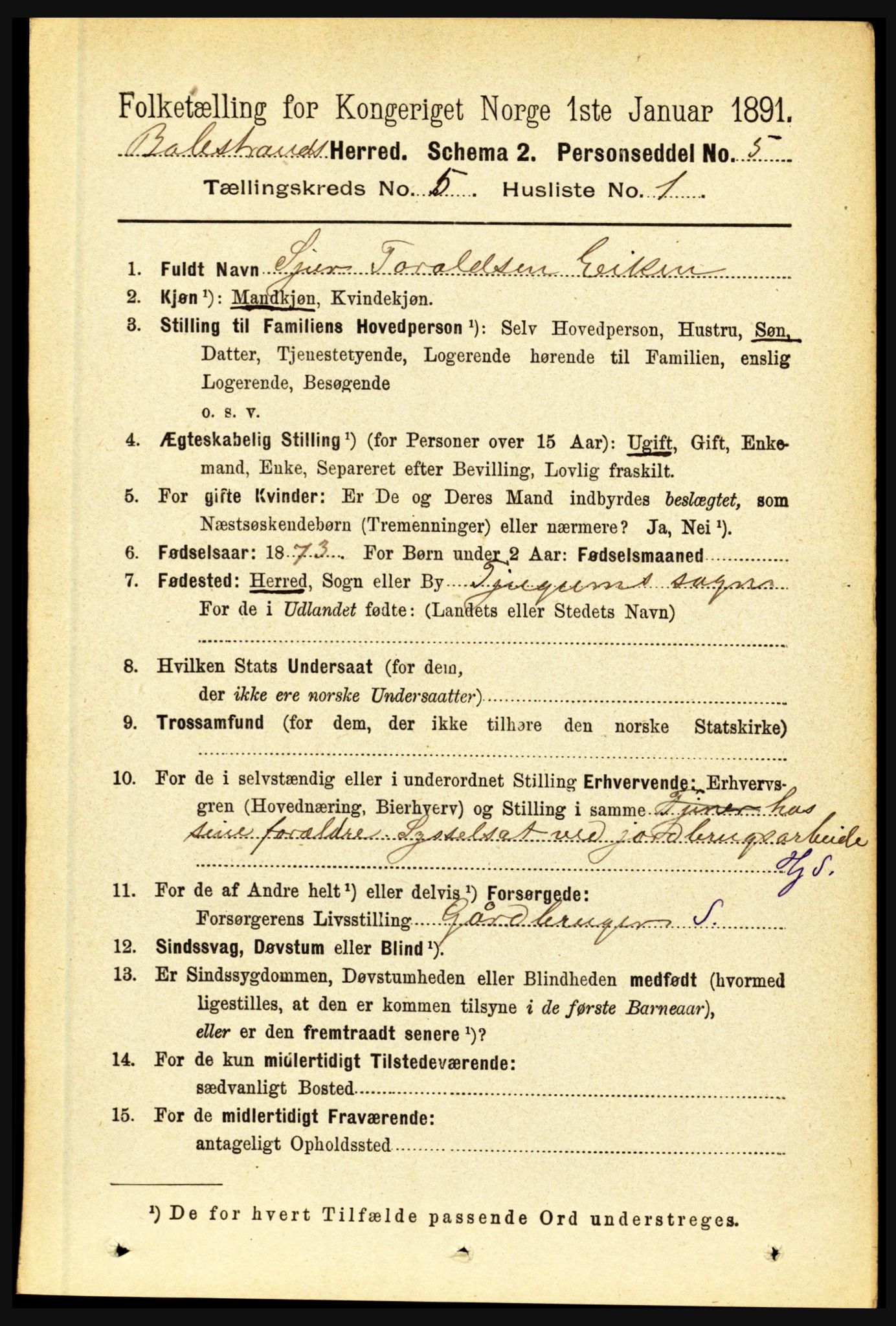 RA, 1891 census for 1418 Balestrand, 1891, p. 1115