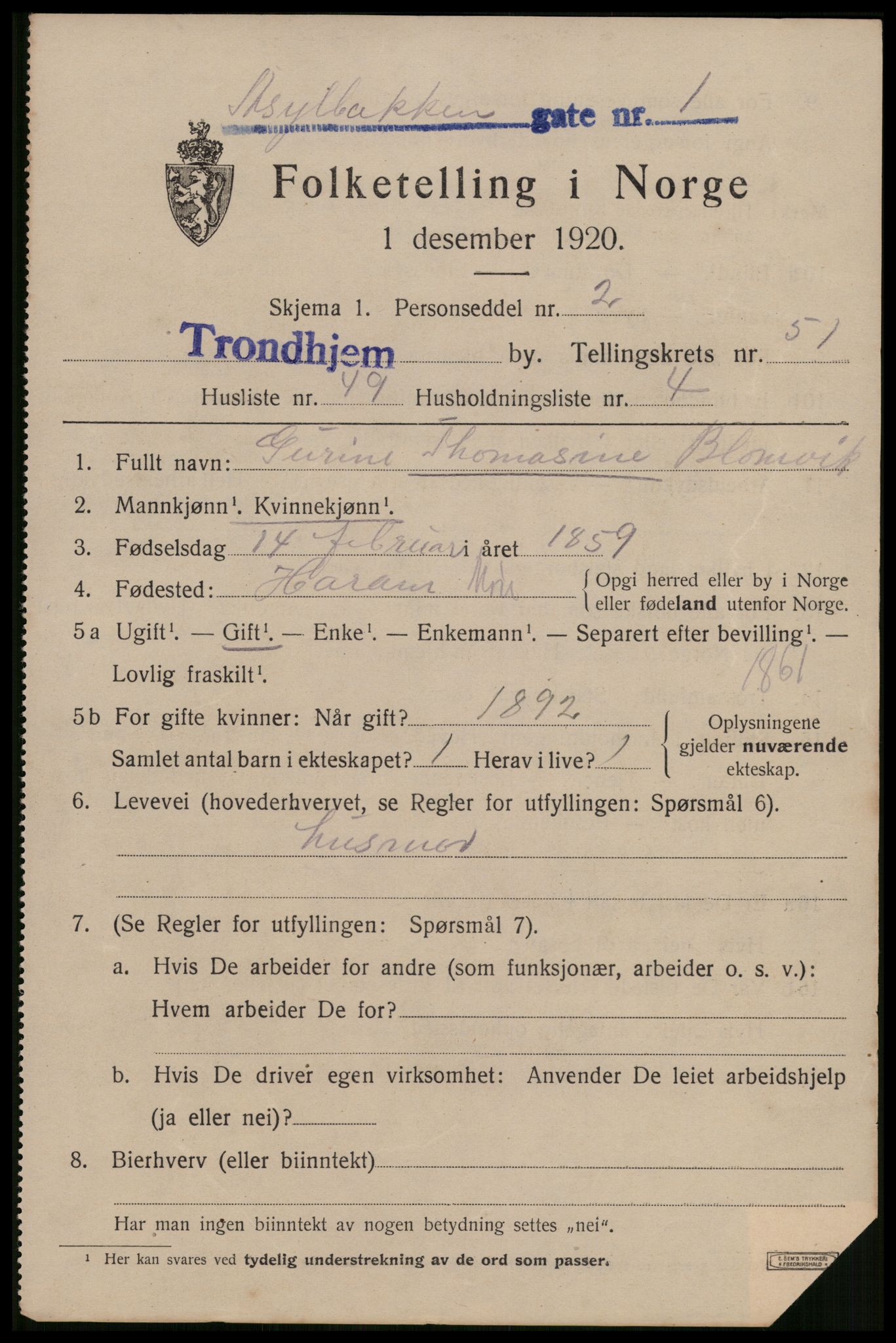 SAT, 1920 census for Trondheim, 1920, p. 106472