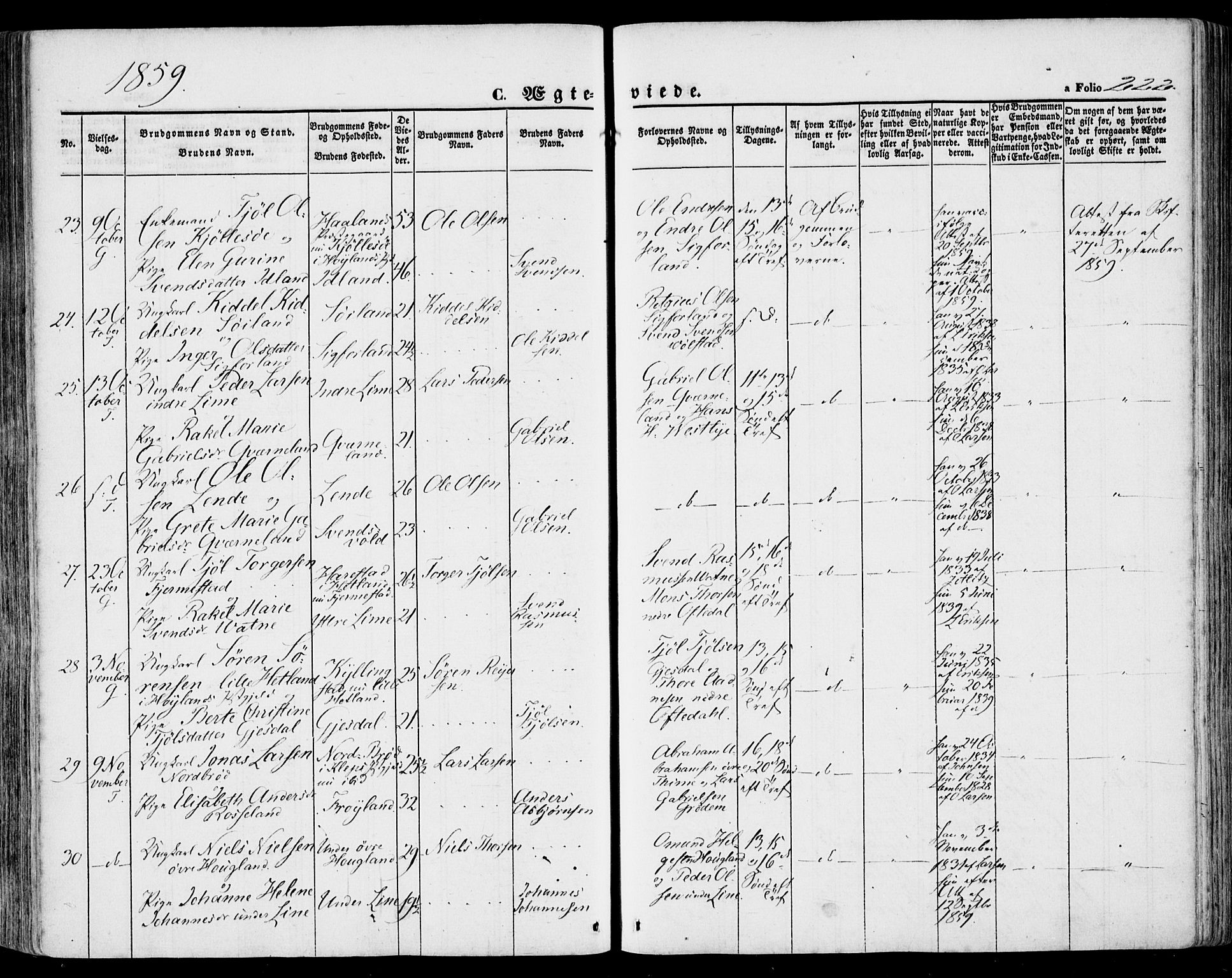 Lye sokneprestkontor, SAST/A-101794/001/30BA/L0007: Parish register (official) no. A 6, 1856-1871, p. 222