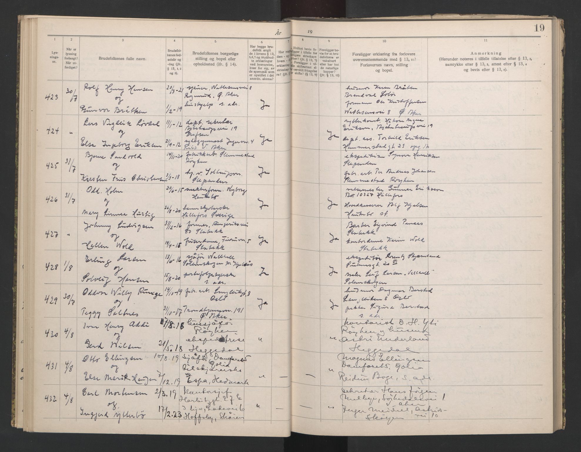 Aker sorenskriveri, AV/SAO-A-10895/L/Lb/L0002: Lysningsbok, 1942-1943, p. 19