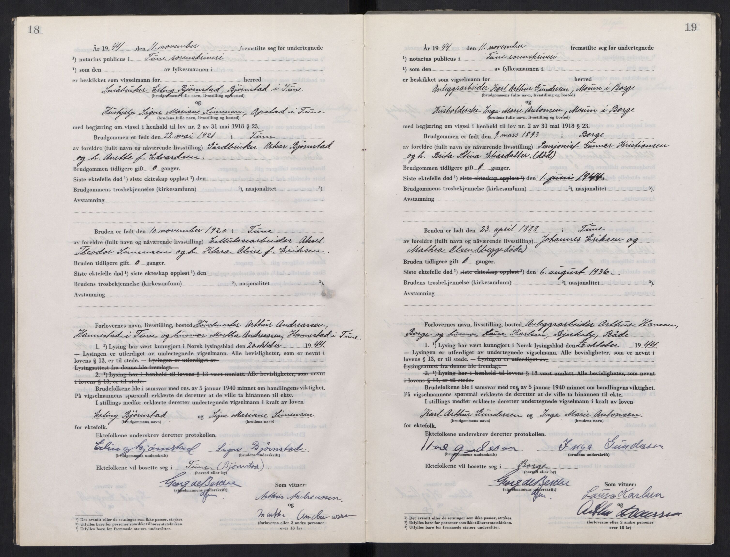 Tune sorenskriveri, AV/SAO-A-10470/L/Lb/L0003: Vigselprotokoll, 1944-1951, p. 18-19