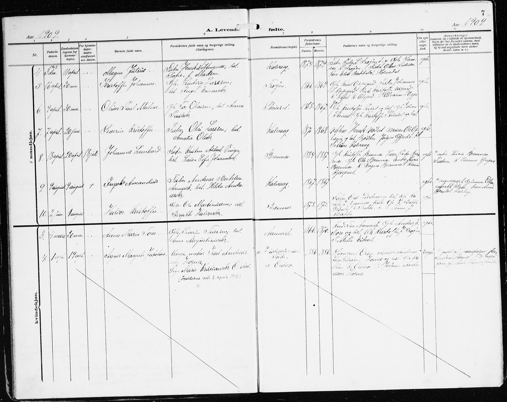 Bremanger sokneprestembete, SAB/A-82201/H/Haa/Haab/L0003: Parish register (official) no. B 3, 1908-1925, p. 7