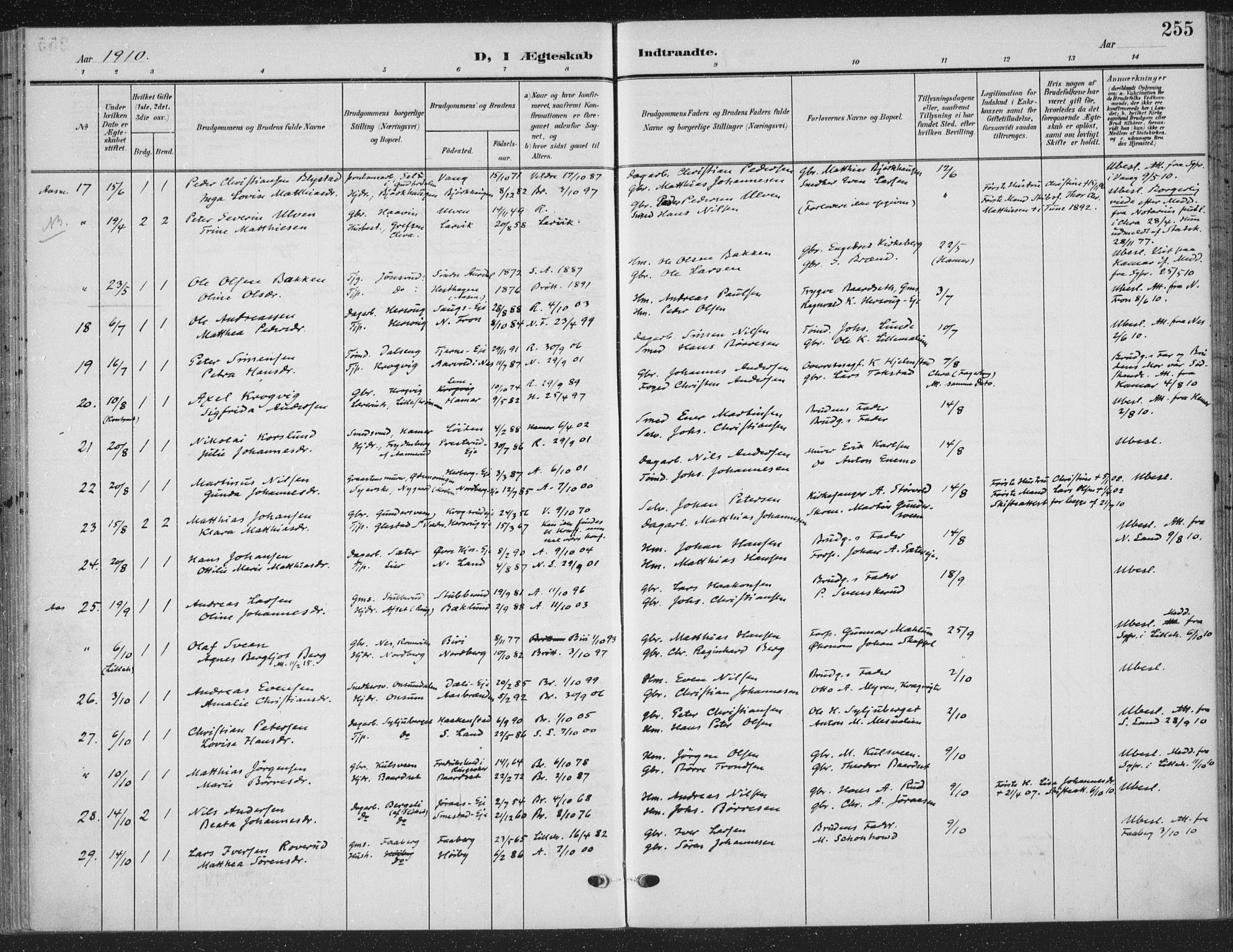 Ringsaker prestekontor, AV/SAH-PREST-014/K/Ka/L0018: Parish register (official) no. 18, 1903-1912, p. 255