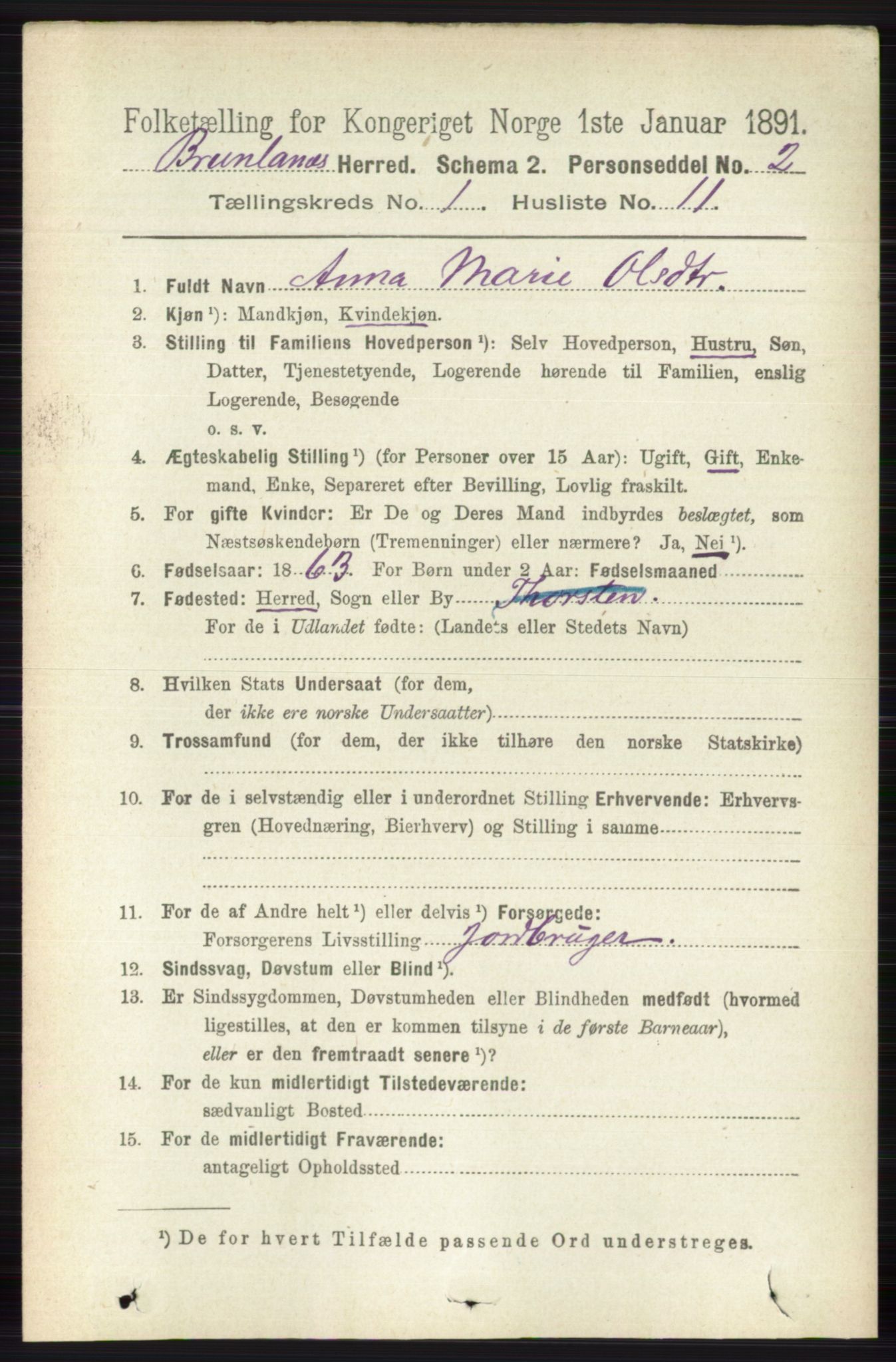 RA, 1891 census for 0726 Brunlanes, 1891, p. 199