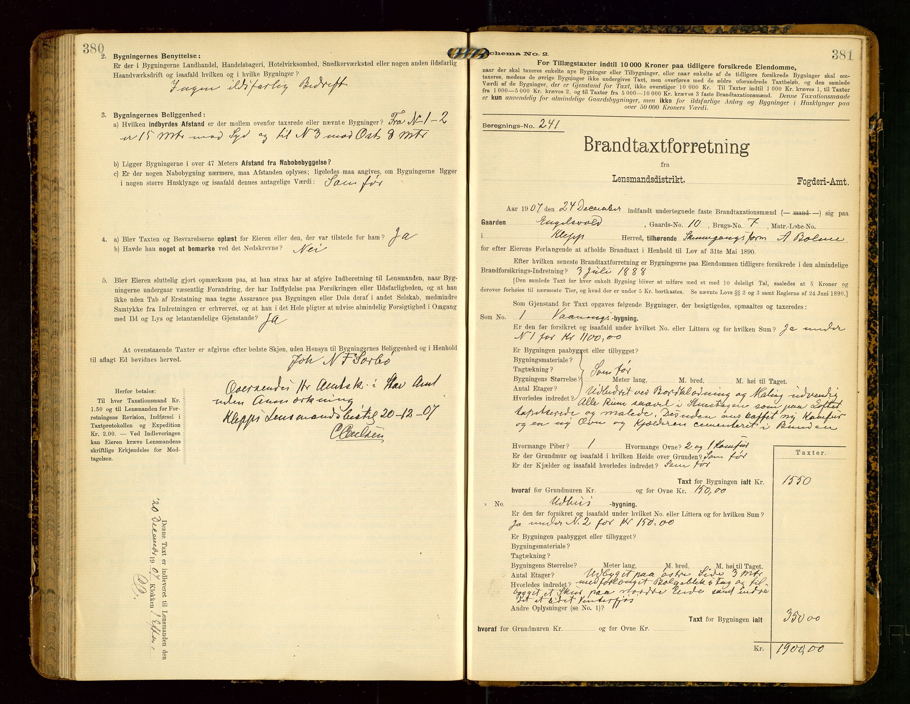 Klepp lensmannskontor, AV/SAST-A-100163/Goc/L0004: "Brandtaxationsprotokol" m/register, 1906-1908, p. 380-381