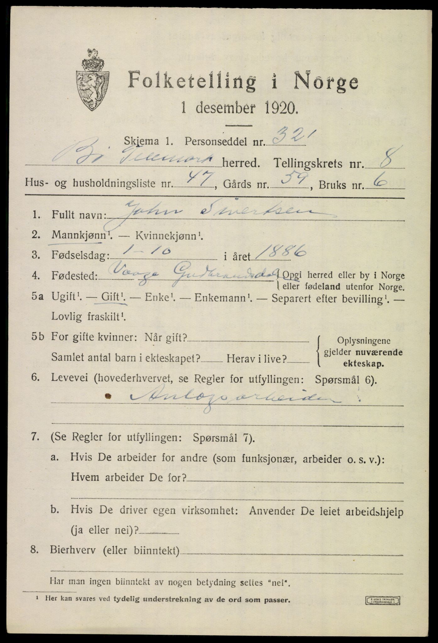 SAKO, 1920 census for Bø (Telemark), 1920, p. 6394