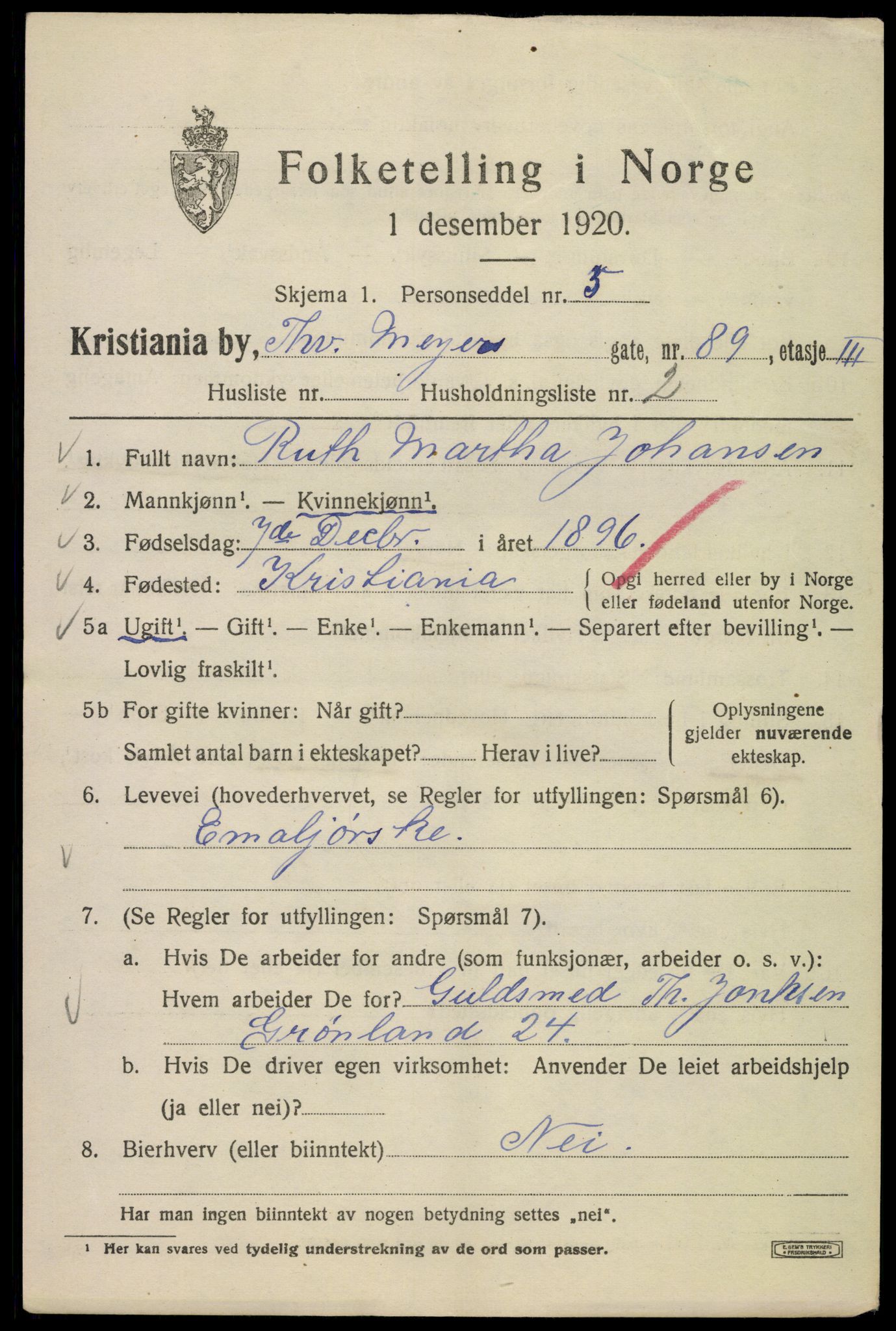 SAO, 1920 census for Kristiania, 1920, p. 580487