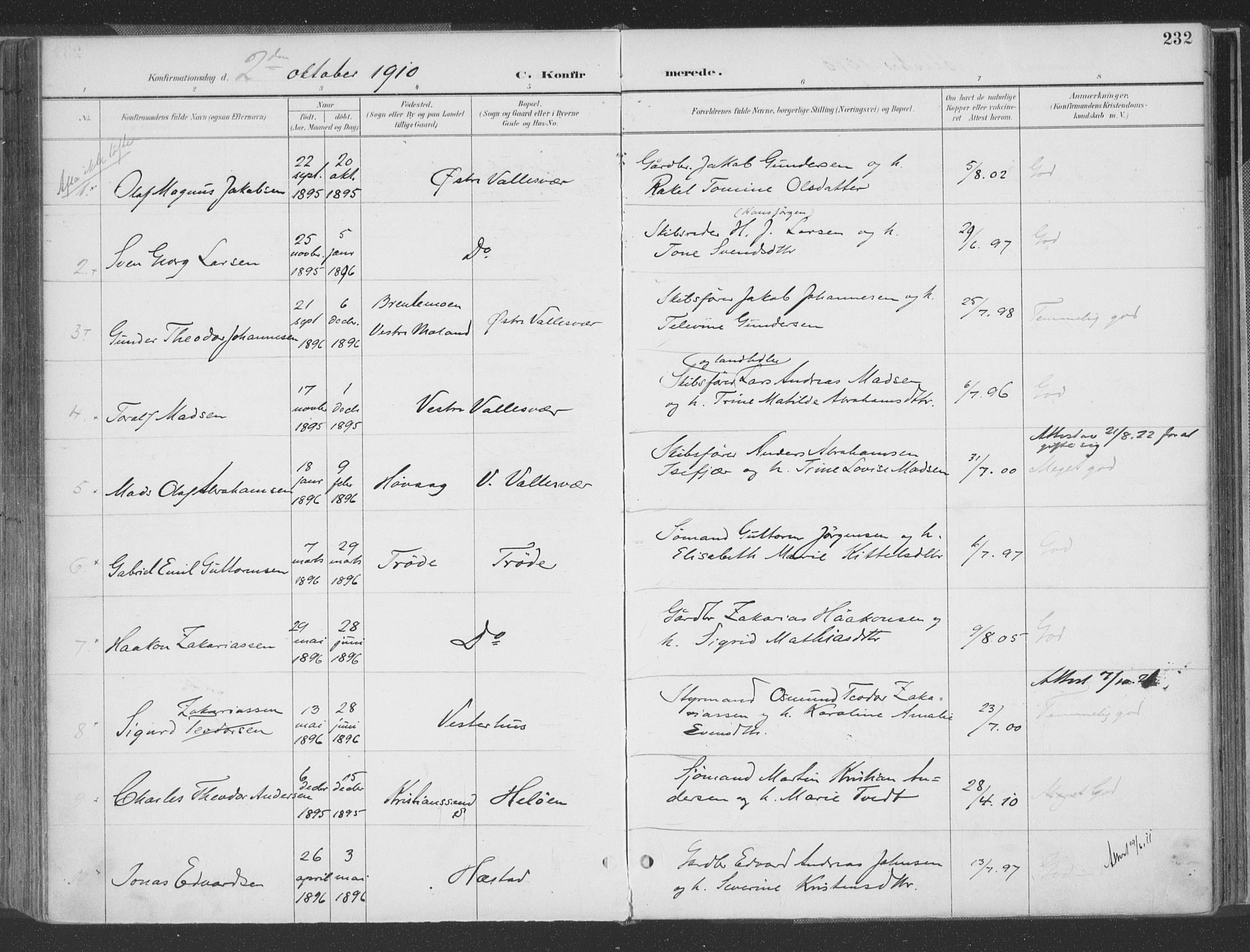 Høvåg sokneprestkontor, AV/SAK-1111-0025/F/Fa/L0006: Parish register (official) no. A 6, 1894-1923, p. 232