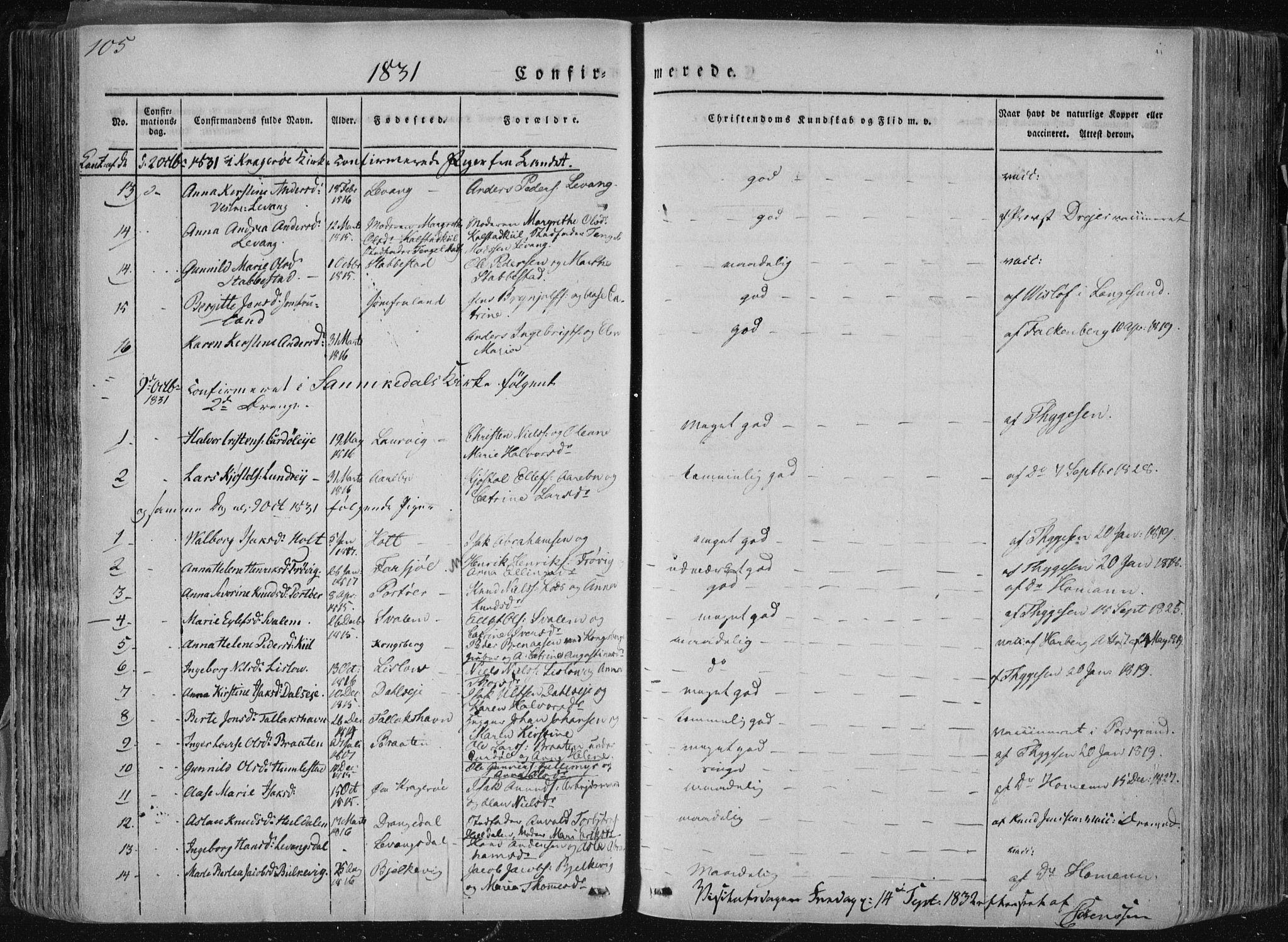 Sannidal kirkebøker, AV/SAKO-A-296/F/Fa/L0007: Parish register (official) no. 7, 1831-1854, p. 105