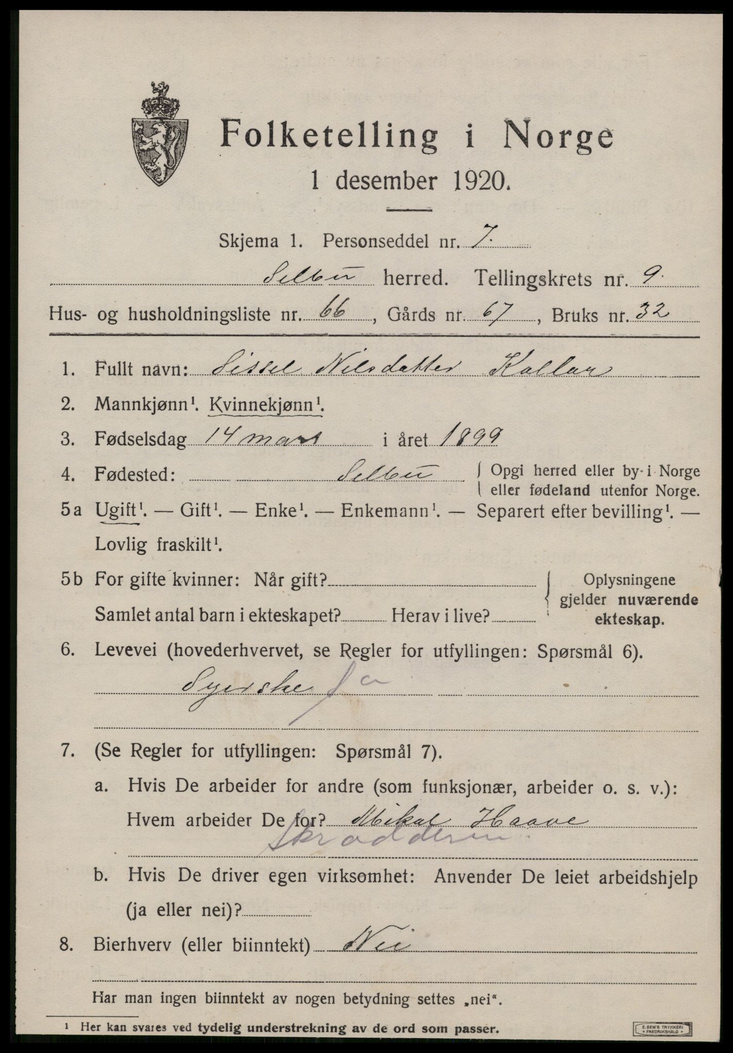 SAT, 1920 census for Selbu, 1920, p. 5732