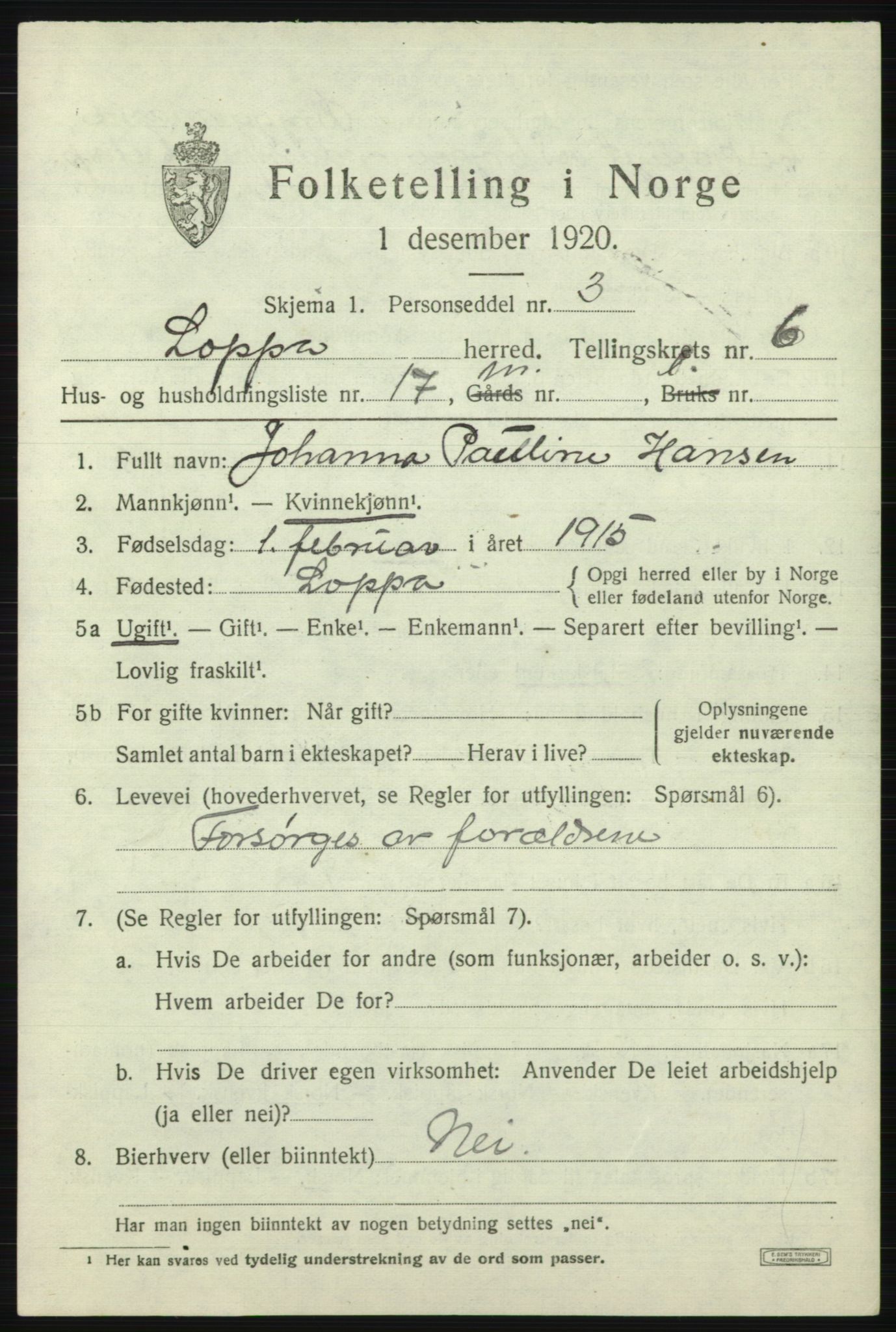 SATØ, 1920 census for Loppa, 1920, p. 2720
