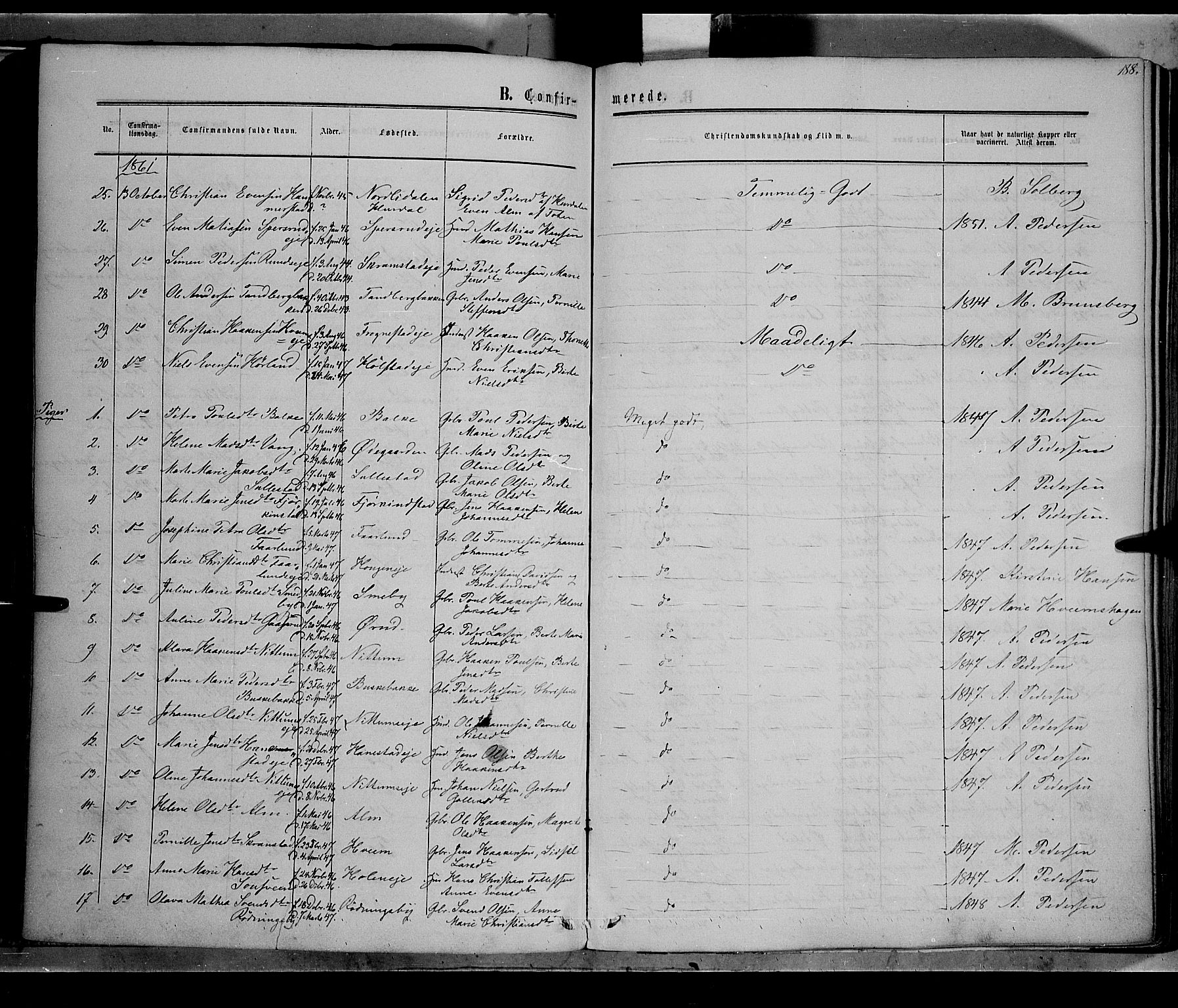 Østre Toten prestekontor, AV/SAH-PREST-104/H/Ha/Haa/L0004: Parish register (official) no. 4, 1857-1865, p. 188