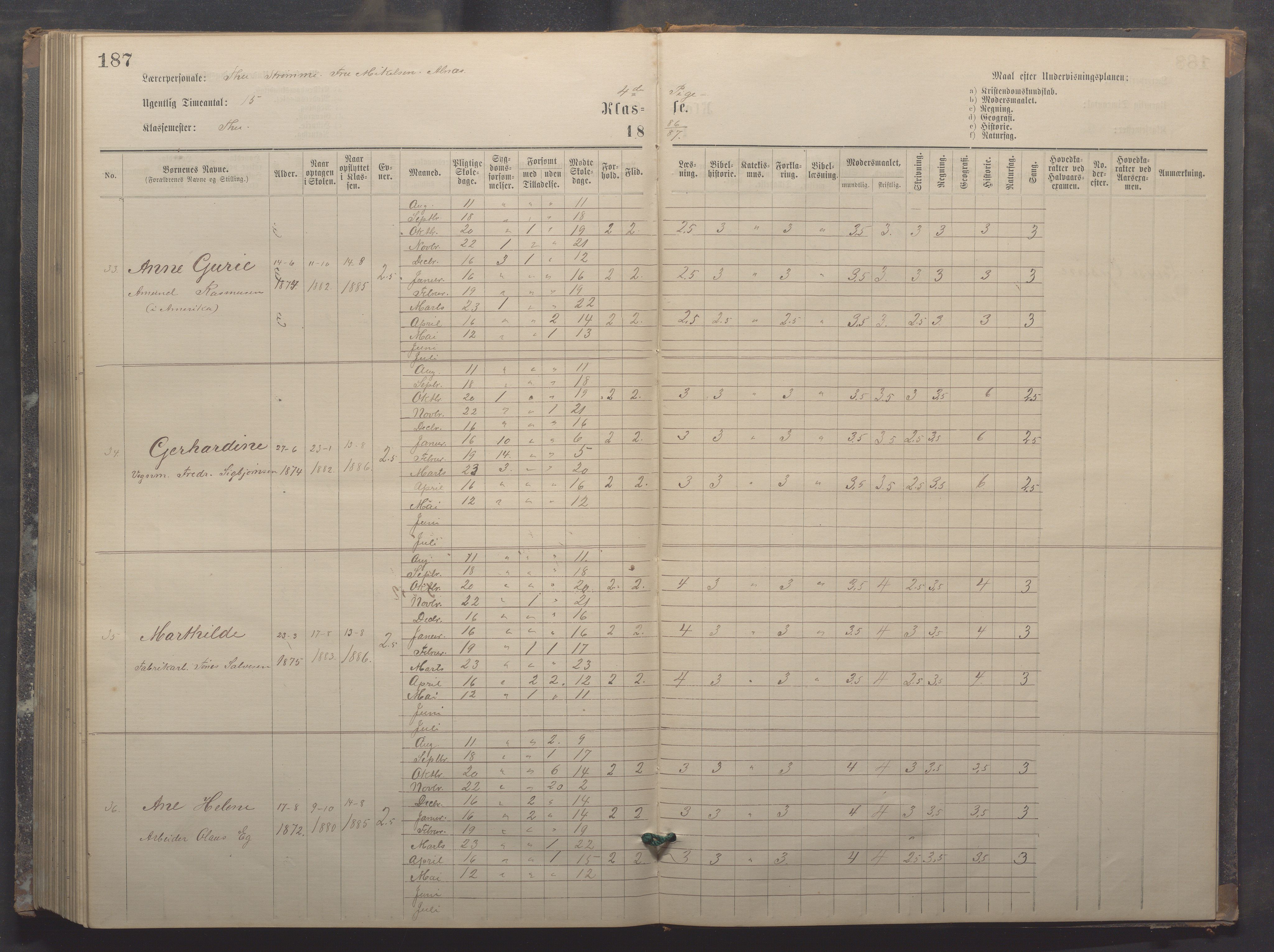 Egersund kommune (Ladested) - Egersund almueskole/folkeskole, IKAR/K-100521/H/L0017: Skoleprotokoll - Almueskolen, 5./6. klasse, 1877-1887, p. 187