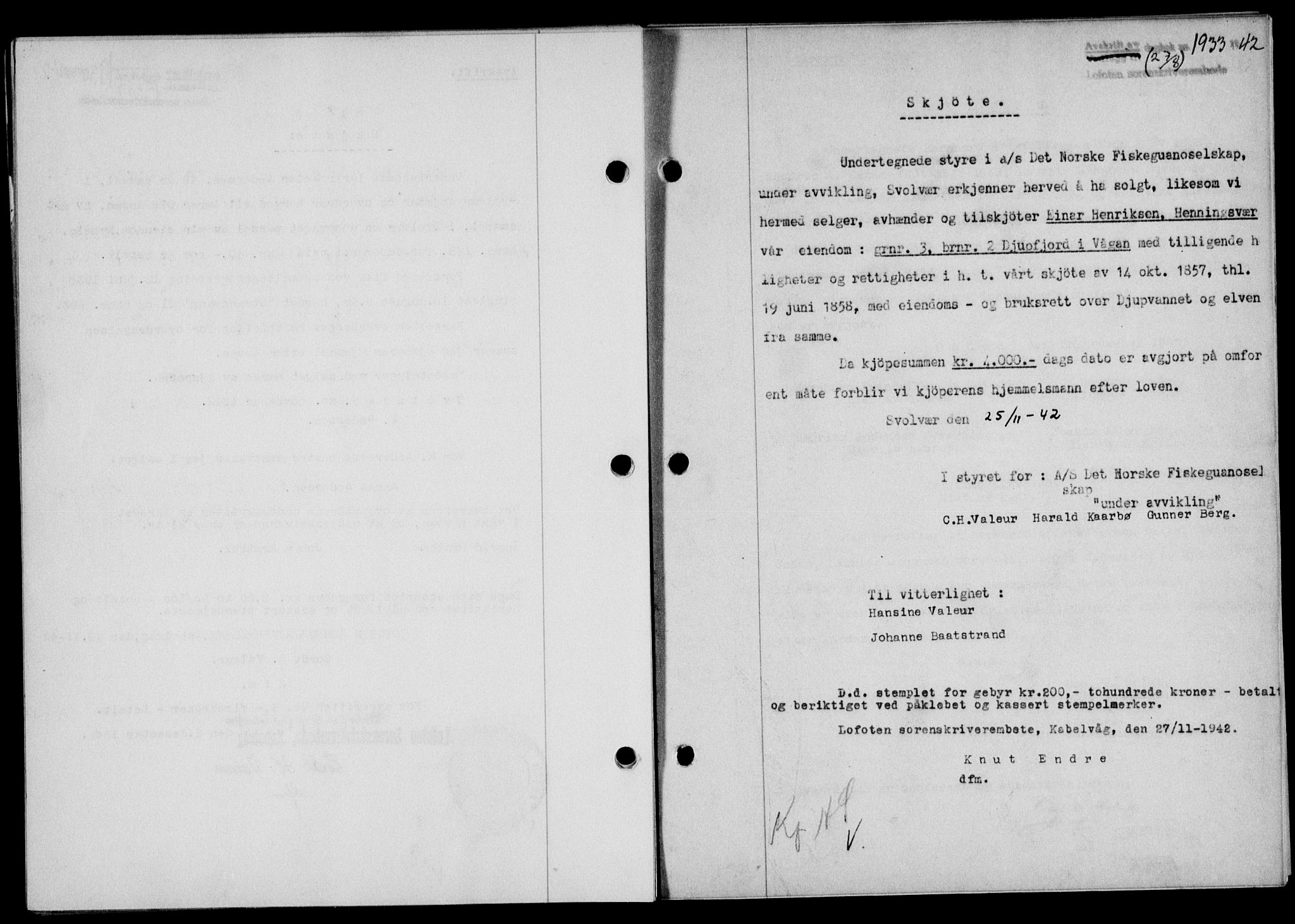 Lofoten sorenskriveri, SAT/A-0017/1/2/2C/L0010a: Mortgage book no. 10a, 1942-1943, Diary no: : 1933/1942