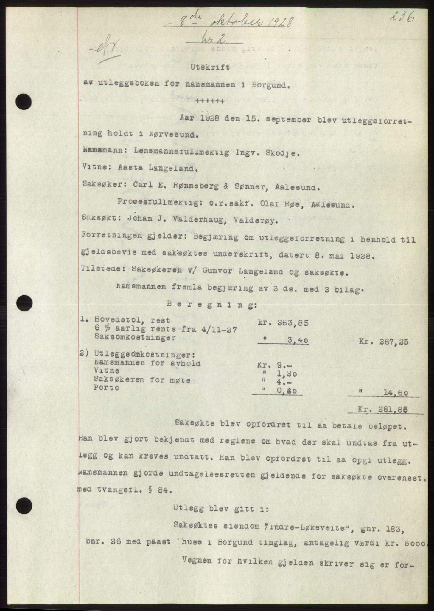 Nordre Sunnmøre sorenskriveri, AV/SAT-A-0006/1/2/2C/2Ca/L0042: Mortgage book no. 42, 1928-1928, Deed date: 08.10.1928