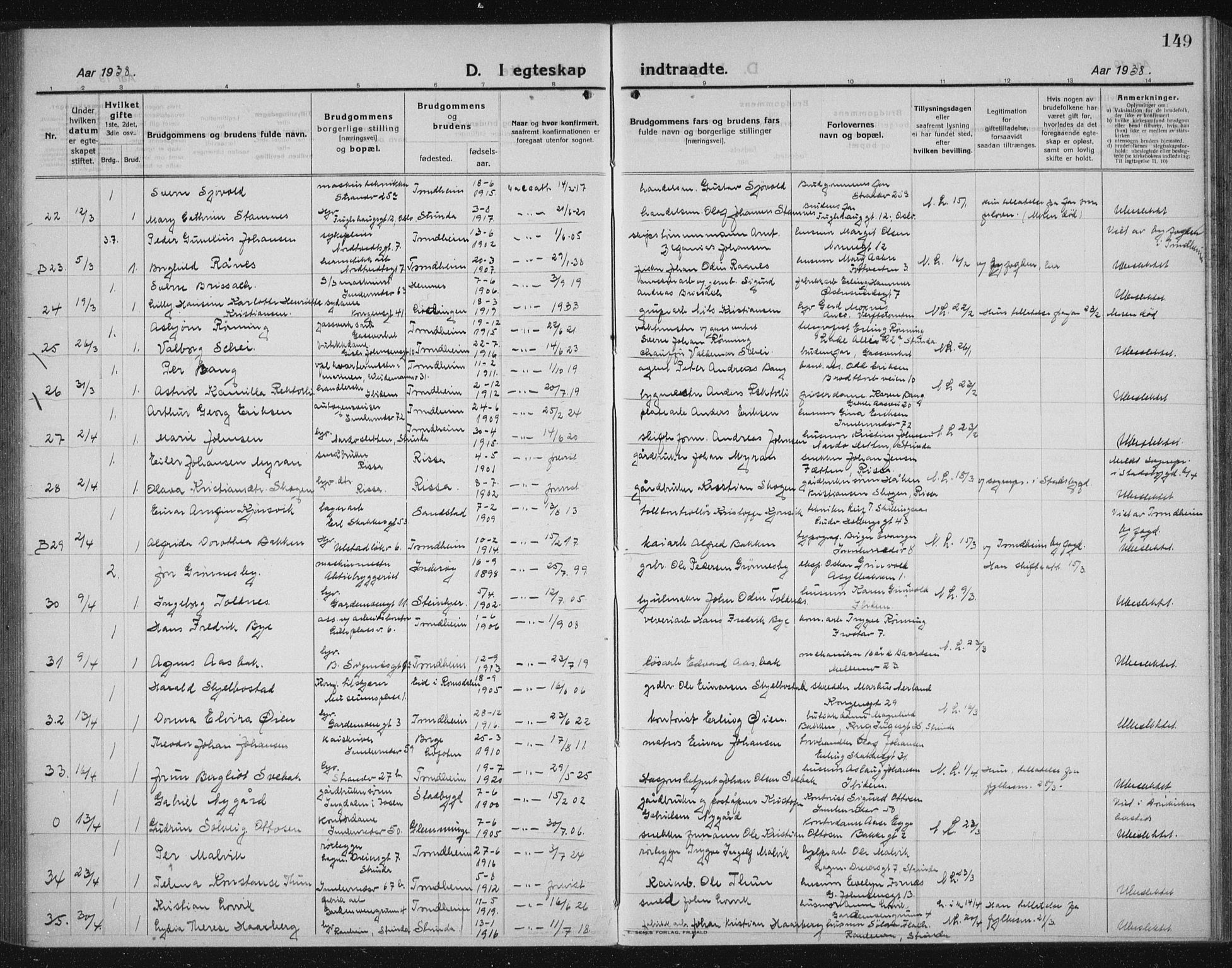 Ministerialprotokoller, klokkerbøker og fødselsregistre - Sør-Trøndelag, AV/SAT-A-1456/605/L0260: Parish register (copy) no. 605C07, 1922-1942, p. 149