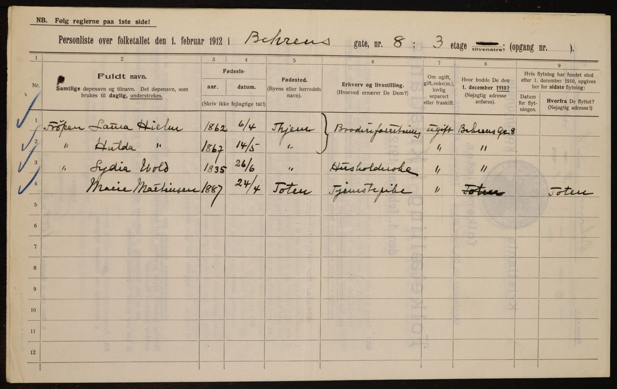 OBA, Municipal Census 1912 for Kristiania, 1912, p. 3352