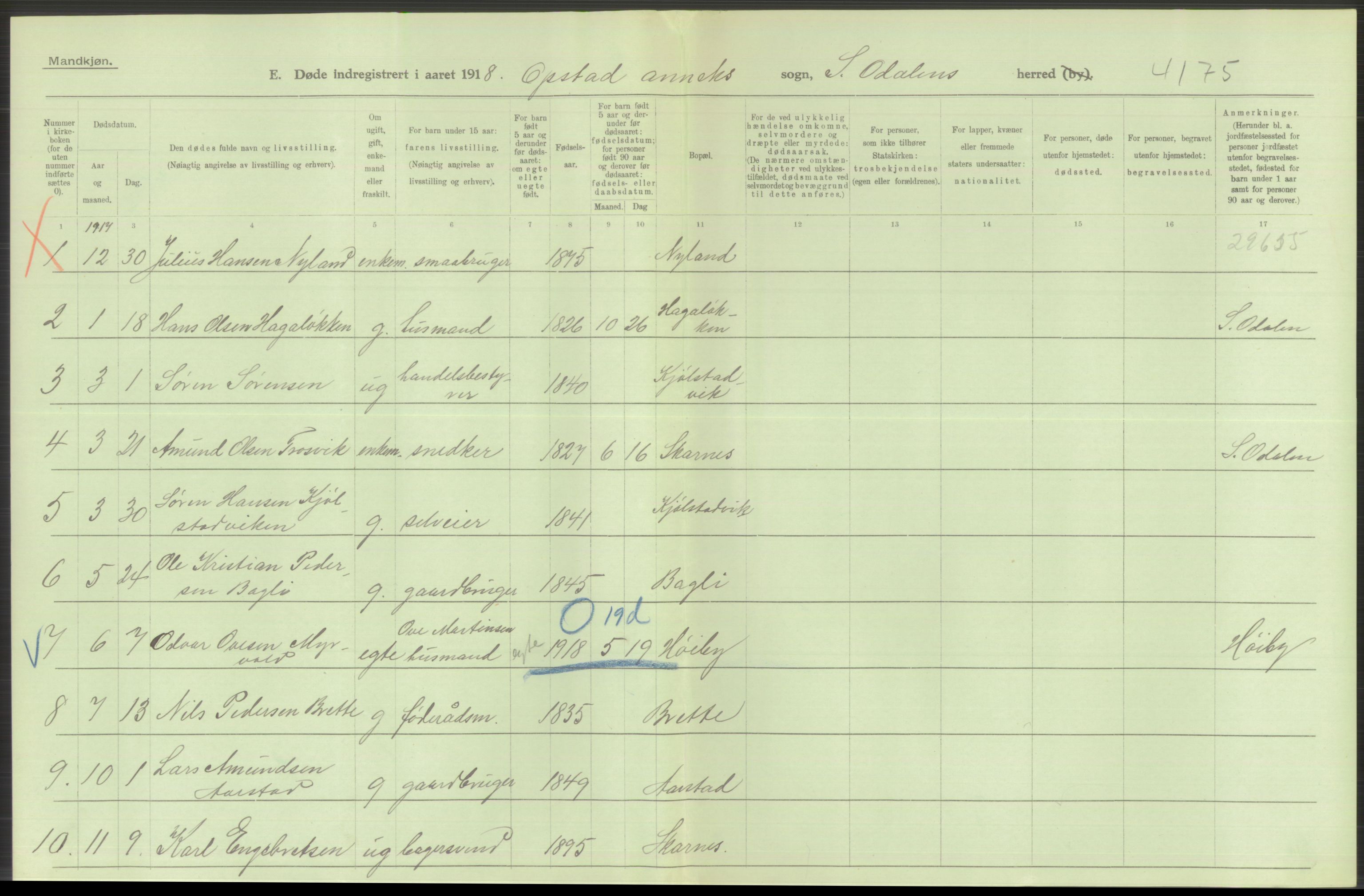 Statistisk sentralbyrå, Sosiodemografiske emner, Befolkning, RA/S-2228/D/Df/Dfb/Dfbh/L0014: Hedemarkens fylke: Døde. Bygder og byer., 1918, p. 444