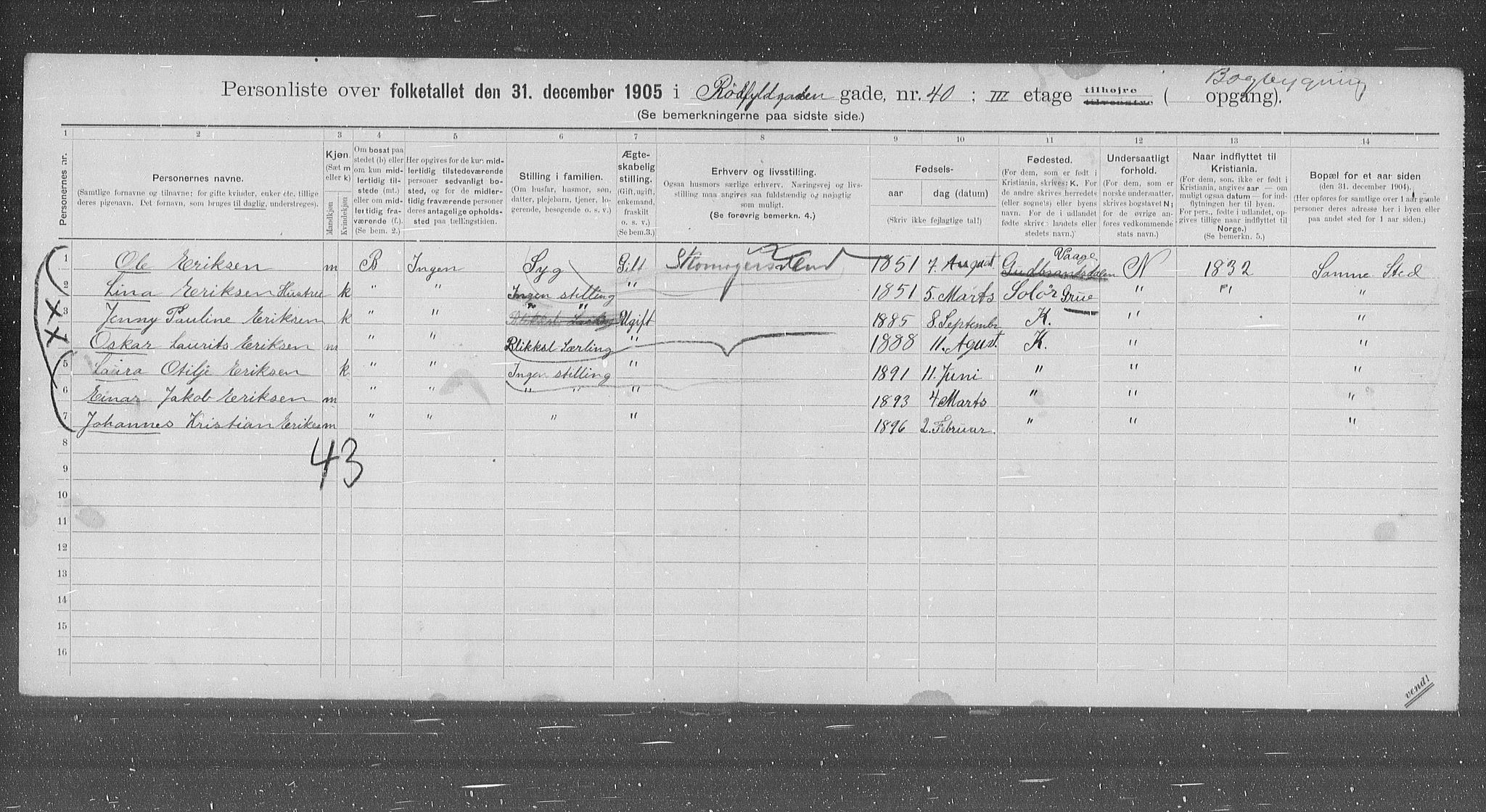 OBA, Municipal Census 1905 for Kristiania, 1905, p. 45434