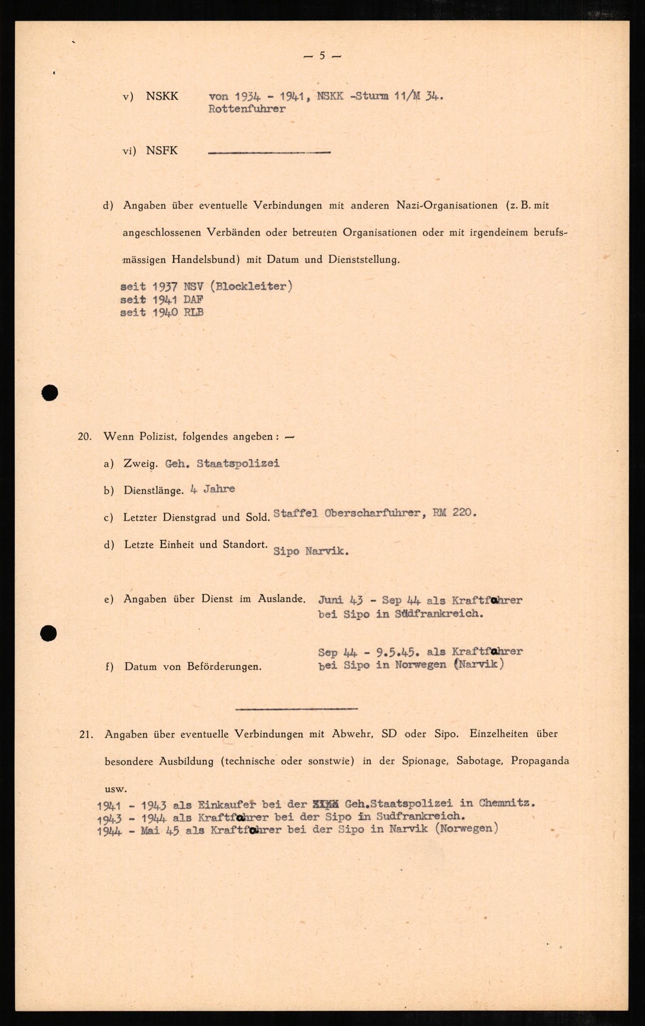 Forsvaret, Forsvarets overkommando II, RA/RAFA-3915/D/Db/L0007: CI Questionaires. Tyske okkupasjonsstyrker i Norge. Tyskere., 1945-1946, p. 85