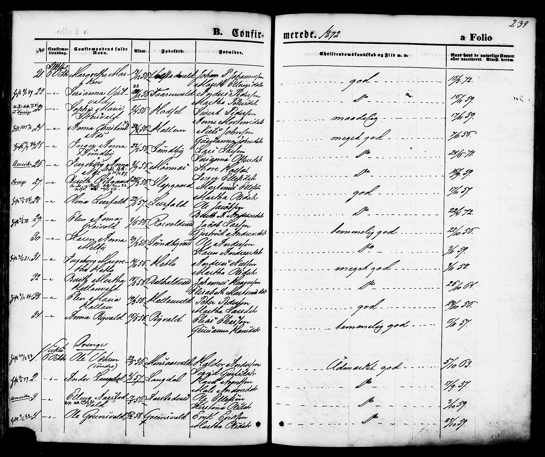 Ministerialprotokoller, klokkerbøker og fødselsregistre - Nord-Trøndelag, AV/SAT-A-1458/723/L0242: Parish register (official) no. 723A11, 1870-1880, p. 239