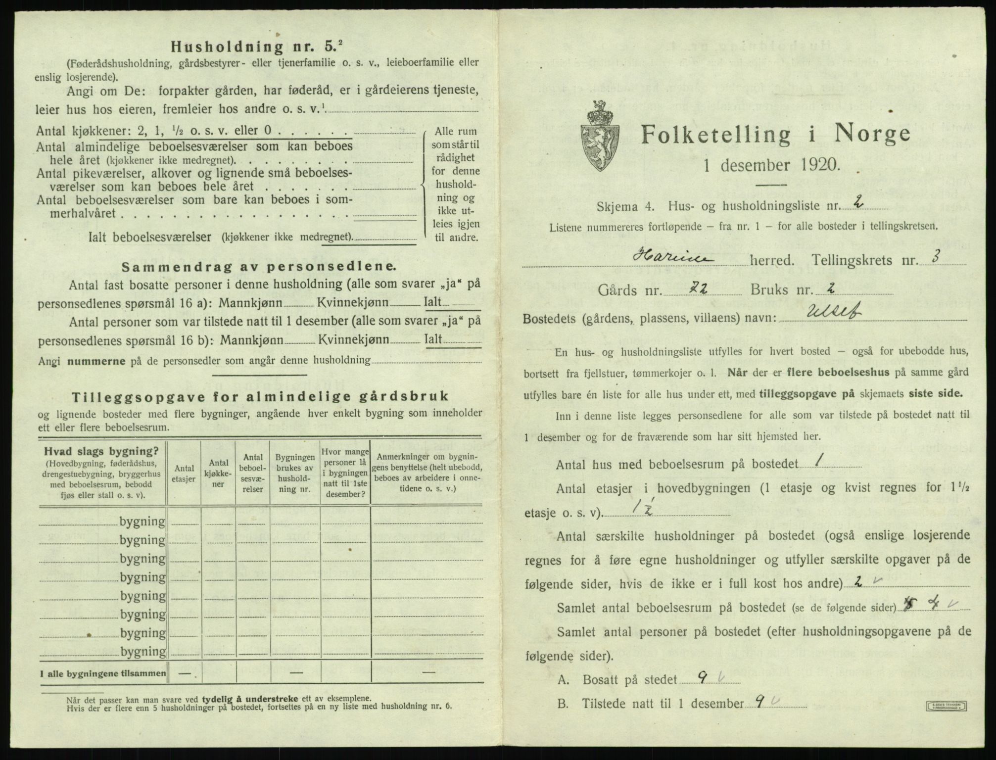 SAT, 1920 census for Hareid, 1920, p. 157