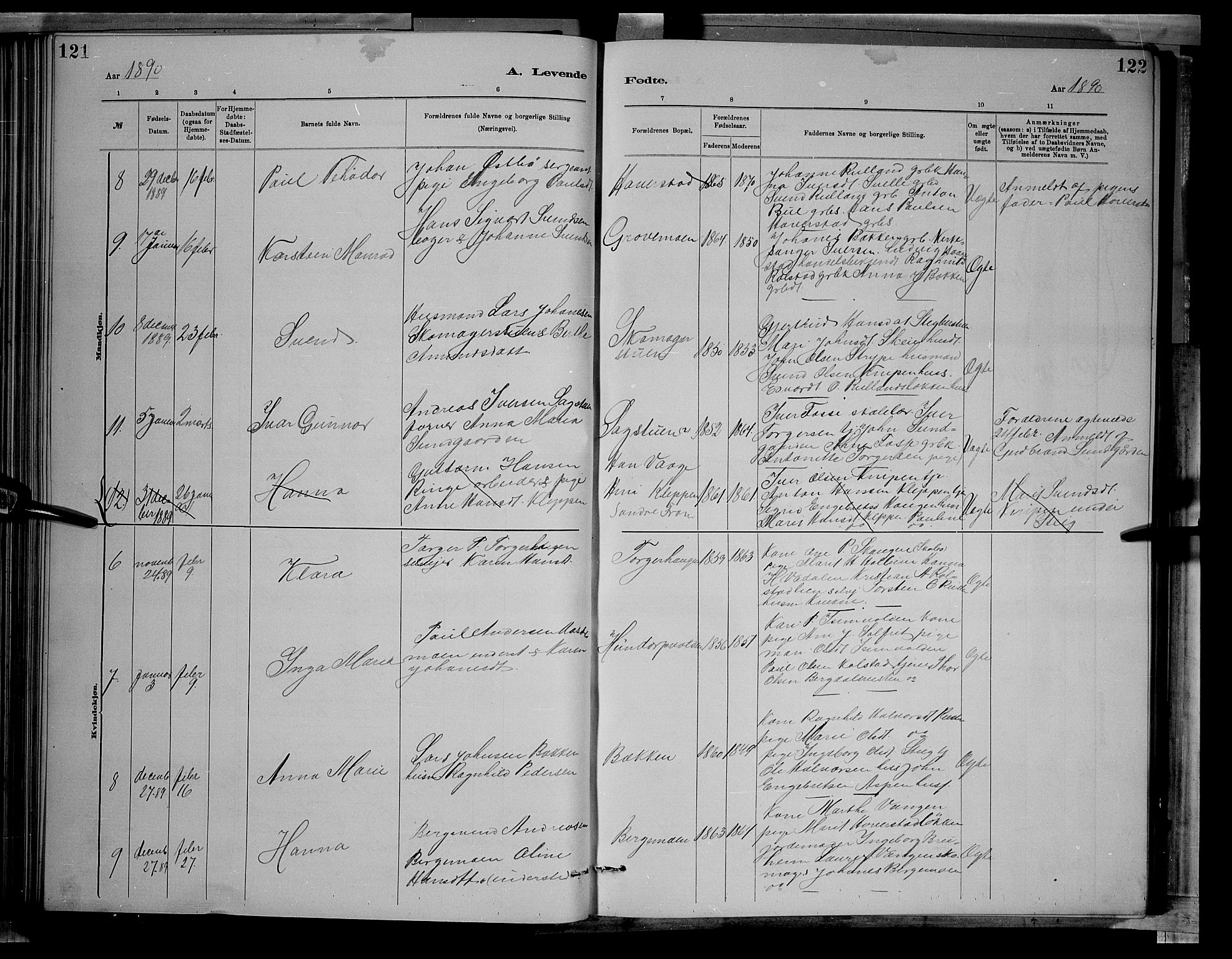 Sør-Fron prestekontor, AV/SAH-PREST-010/H/Ha/Hab/L0003: Parish register (copy) no. 3, 1884-1896, p. 121-122