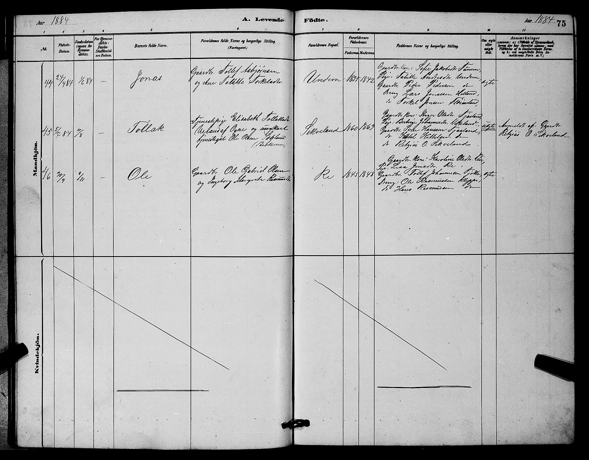 Lye sokneprestkontor, AV/SAST-A-101794/001/30BB/L0006: Parish register (copy) no. B 6, 1879-1888, p. 75