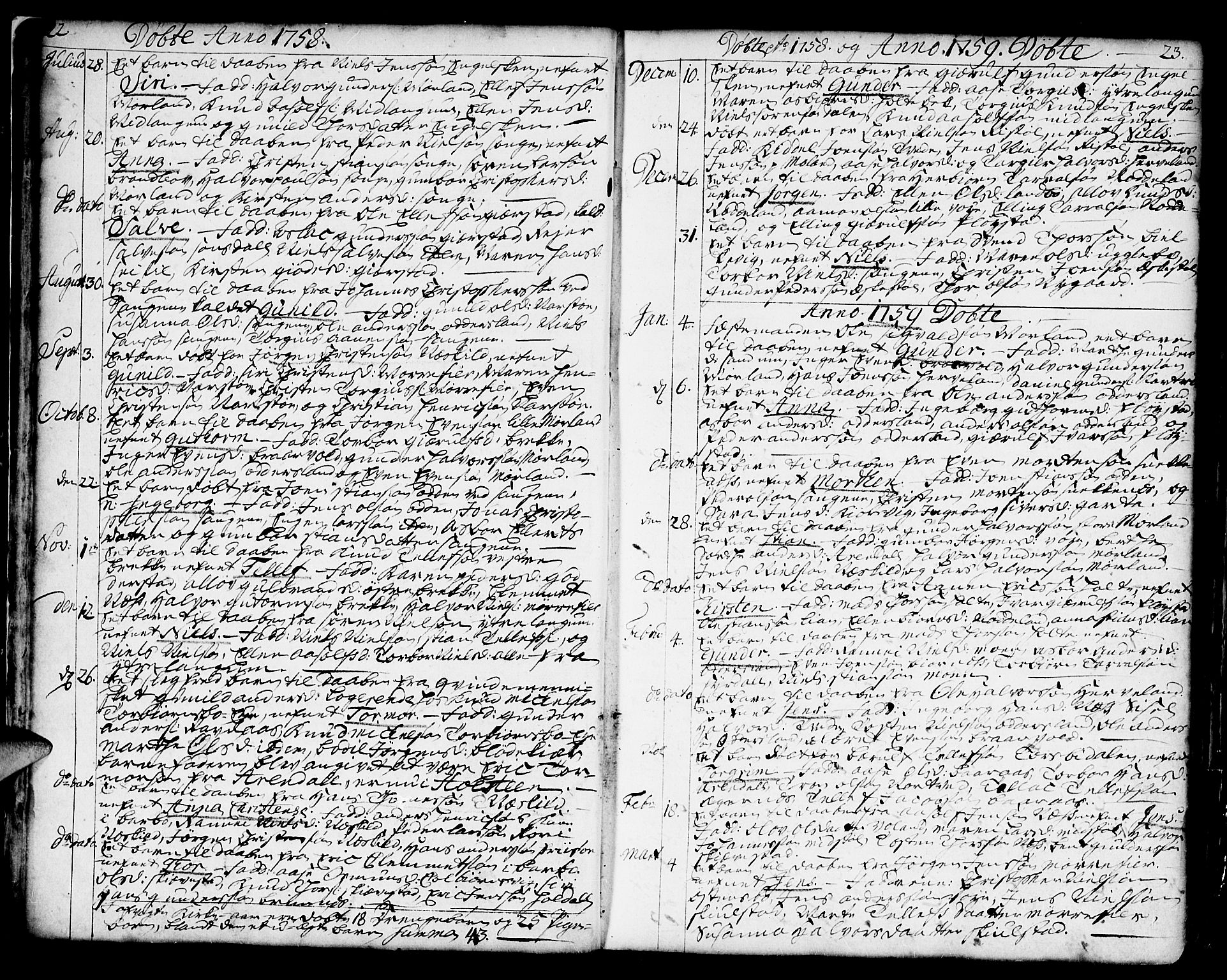 Austre Moland sokneprestkontor, SAK/1111-0001/F/Fa/Faa/L0002: Parish register (official) no. A 2, 1747-1808, p. 22-23