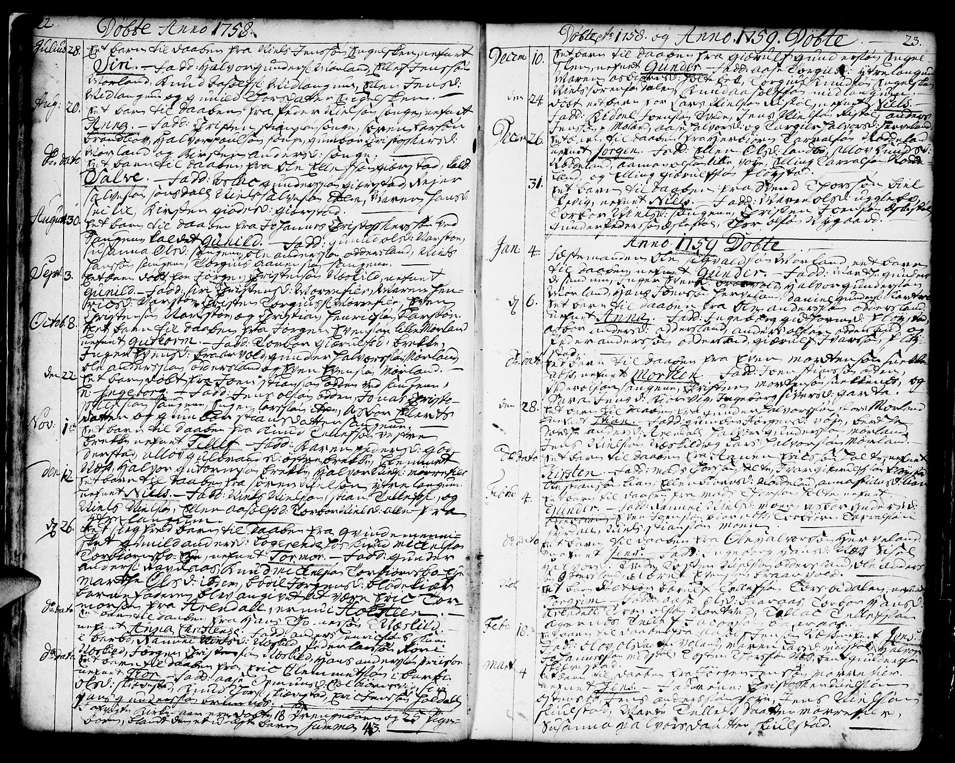 Austre Moland sokneprestkontor, AV/SAK-1111-0001/F/Fa/Faa/L0002: Parish register (official) no. A 2, 1747-1808, p. 22-23