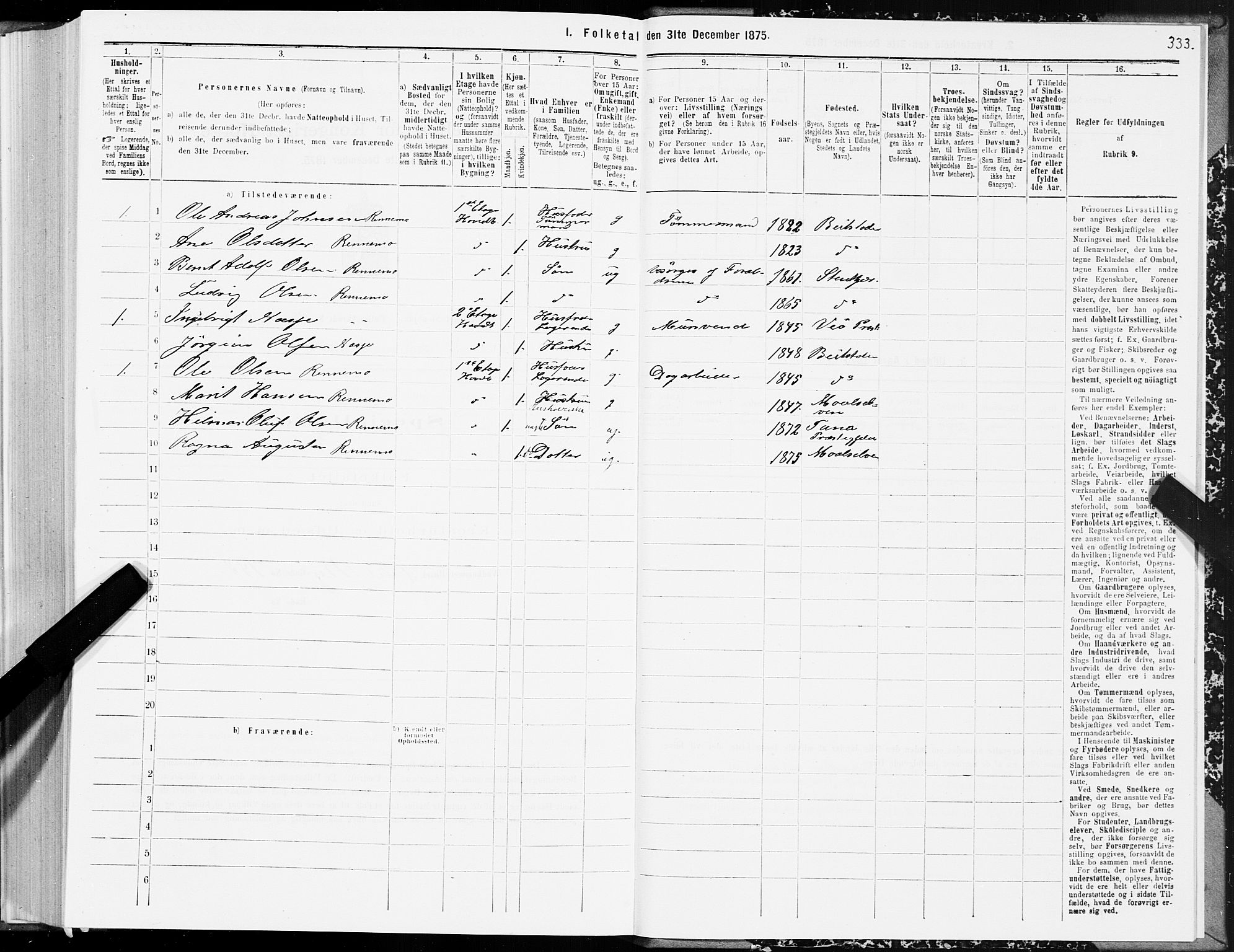 SAT, 1875 census for 1702B Steinkjer/Steinkjer, 1875, p. 333